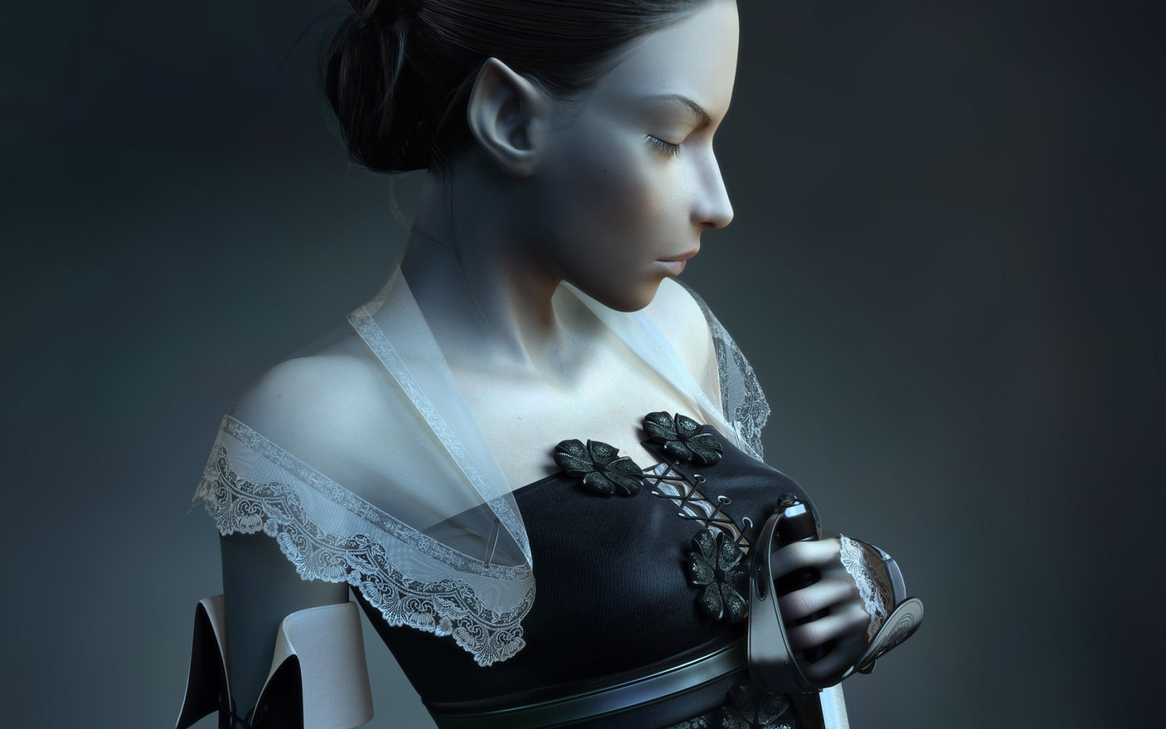 General 1680x1050 elves digital art artwork fantasy art women face profile simple background pointy ears closed eyes