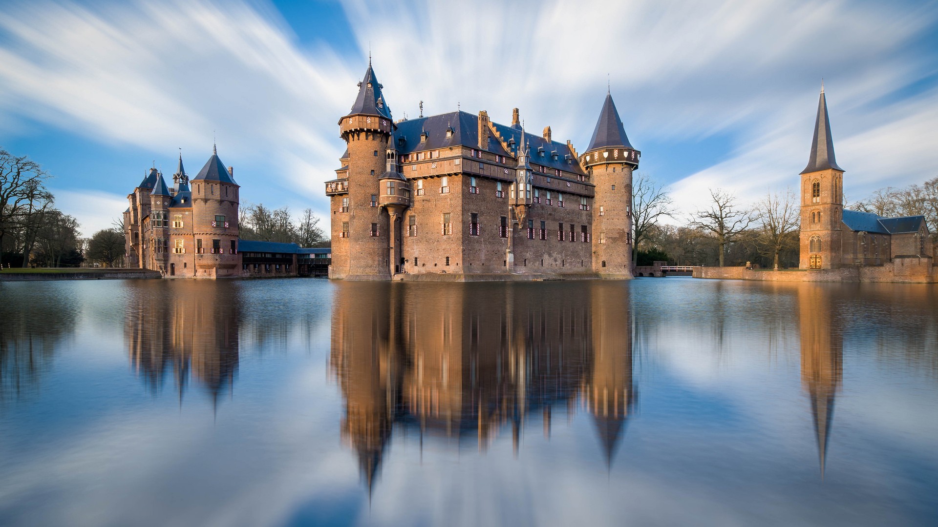 General 1920x1080 nature architecture castle clouds water reflection long exposure lights tower trees bridge Netherlands