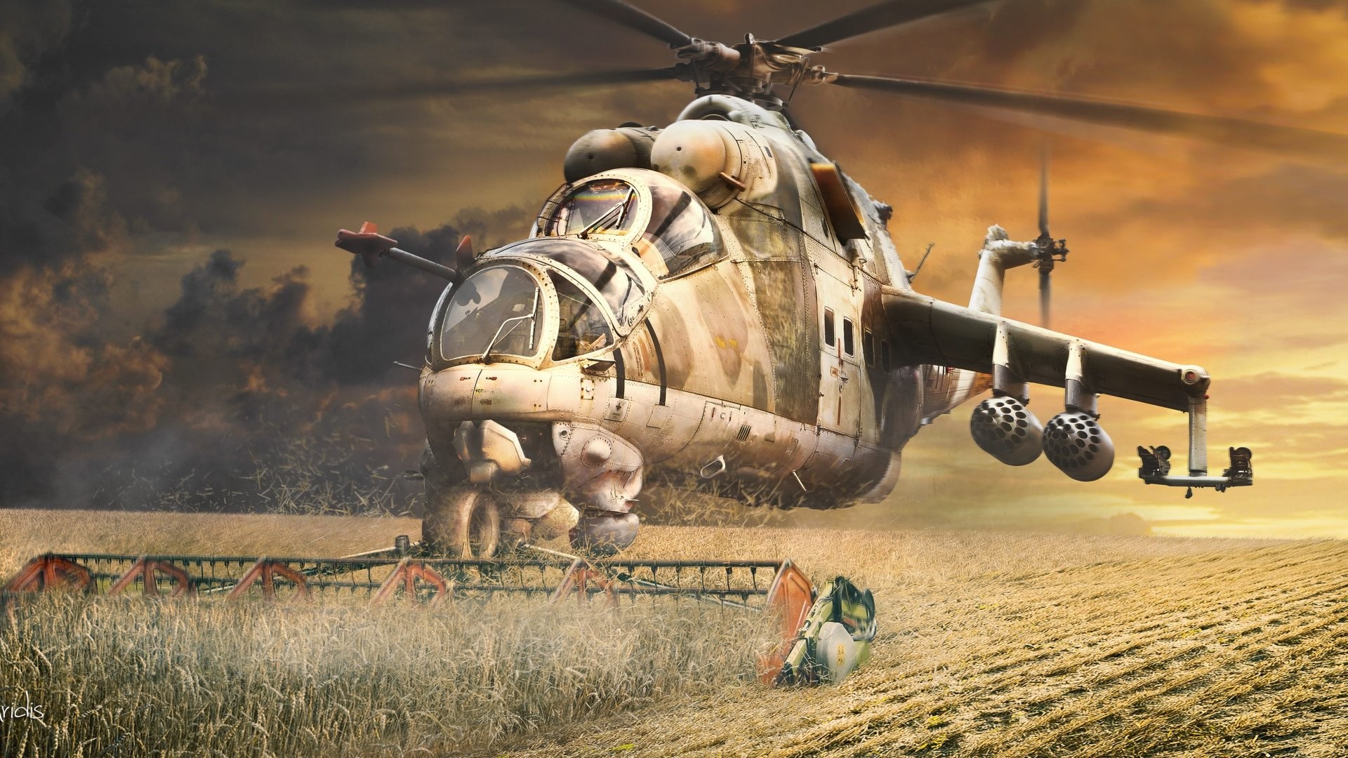 General 1920x1080 aircraft military aircraft helicopters field humor artwork plants sky Mil Mi-24 harvester attack helicopters
