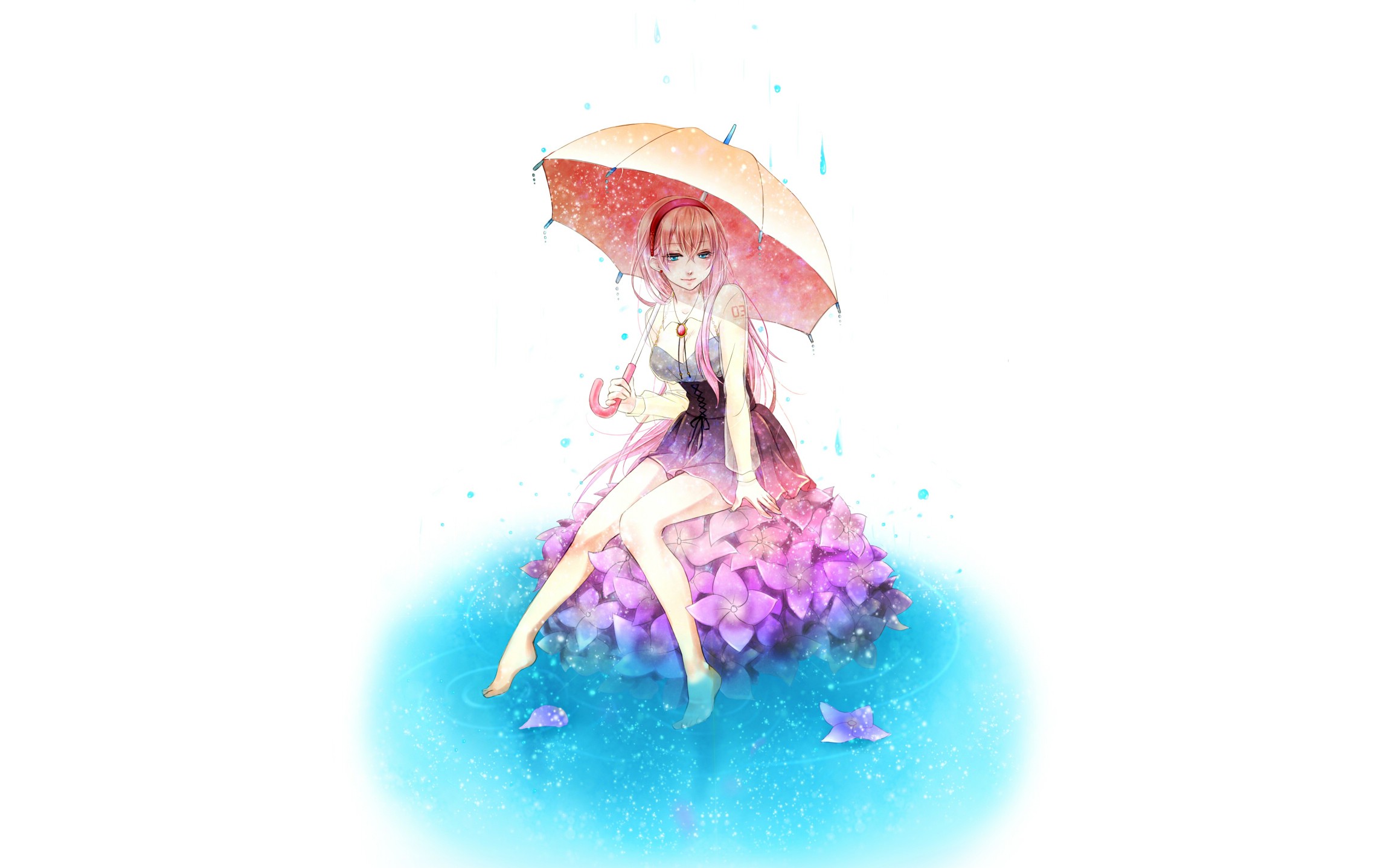 Anime 2300x1438 anime girls anime umbrella legs knees together sitting rain white background simple background looking at viewer women dress cyan
