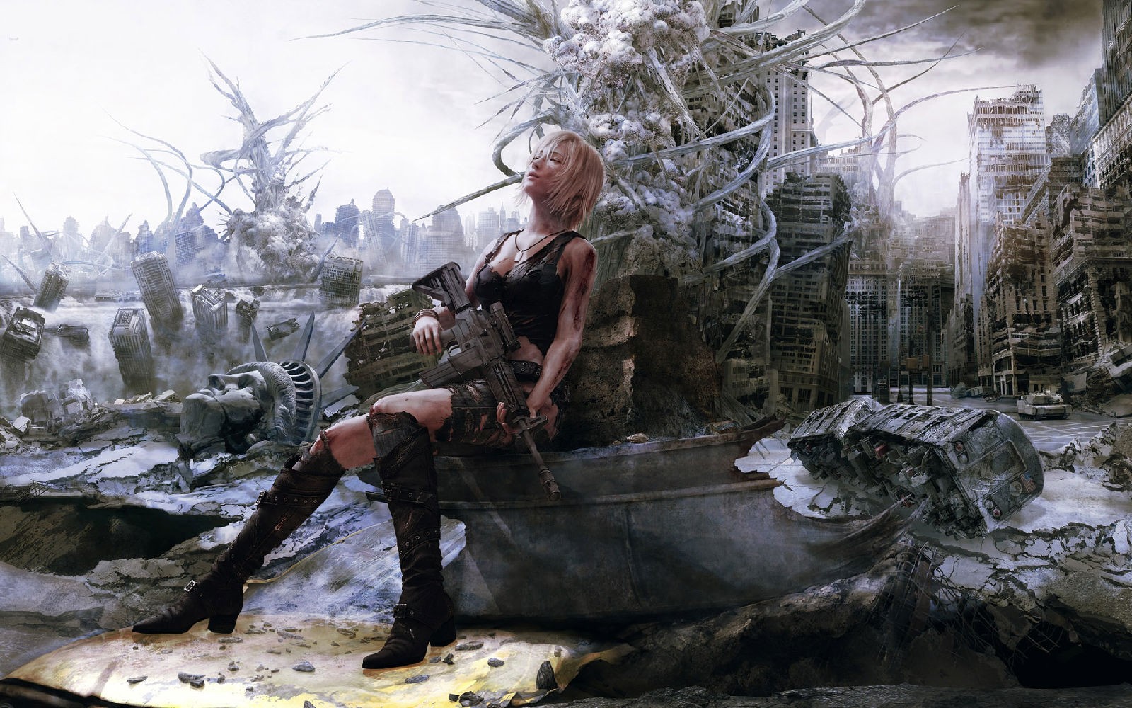 People 1600x1000 women gun Parasite Eve The 3rd Birthday girls with guns video games Video Game Horror sitting machine gun video game art video game girls Aya Brea horror blood closed eyes CGI apocalyptic cityscape USA