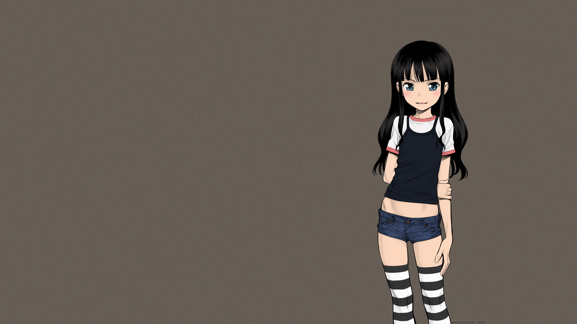 Anime 1920x1080 anime anime girls manga jean shorts stockings long hair dark hair blue eyes simple background striped stockings black hair