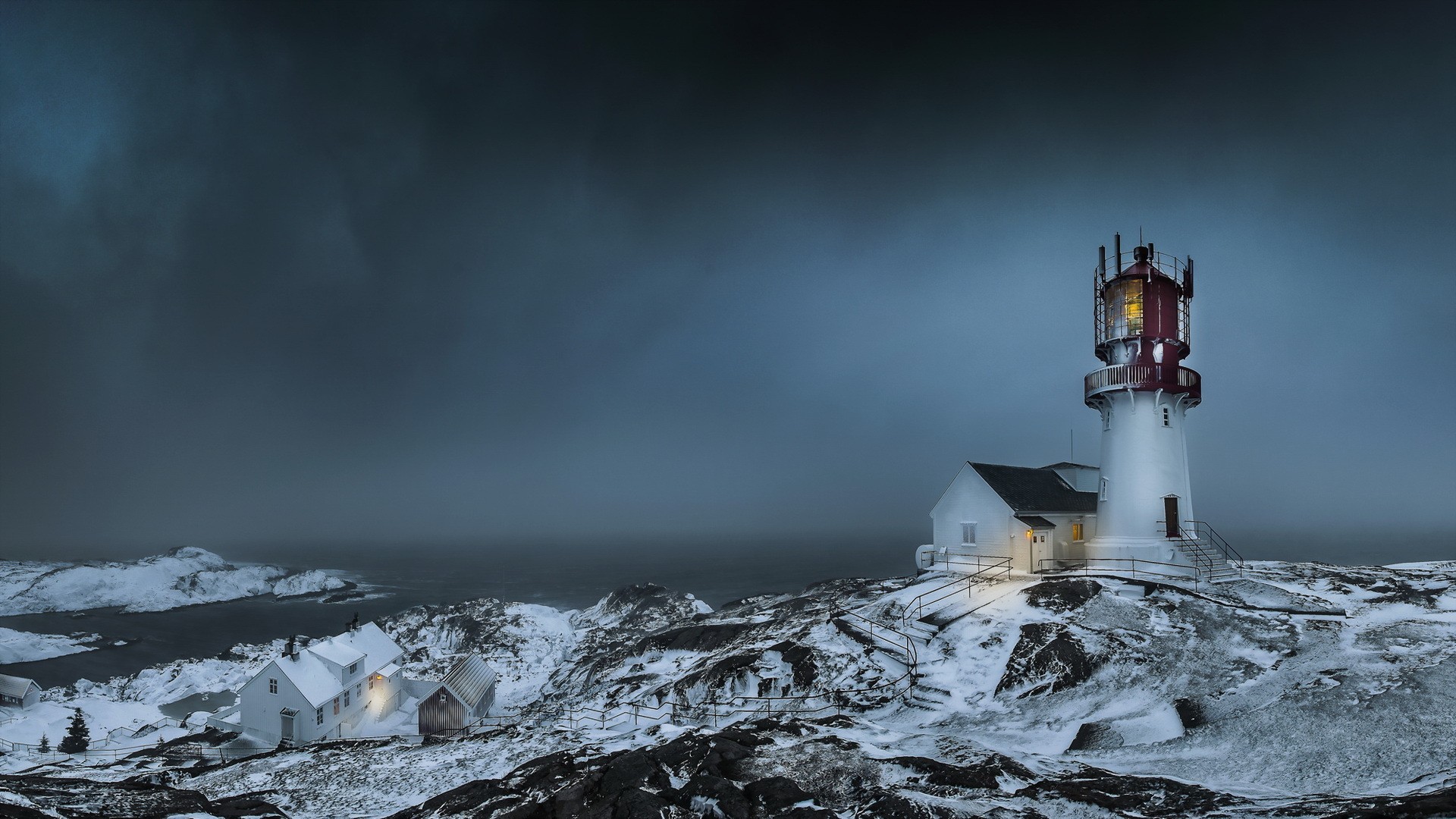 General 1920x1080 nature landscape clouds trees Norway lighthouse winter snow fence rocks sea storm house lights