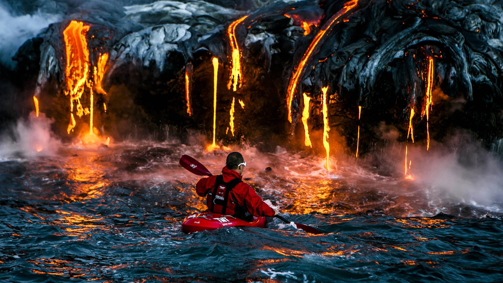 General 1920x1080 lava sport nature landscape volcano smoke men kayaks water sea