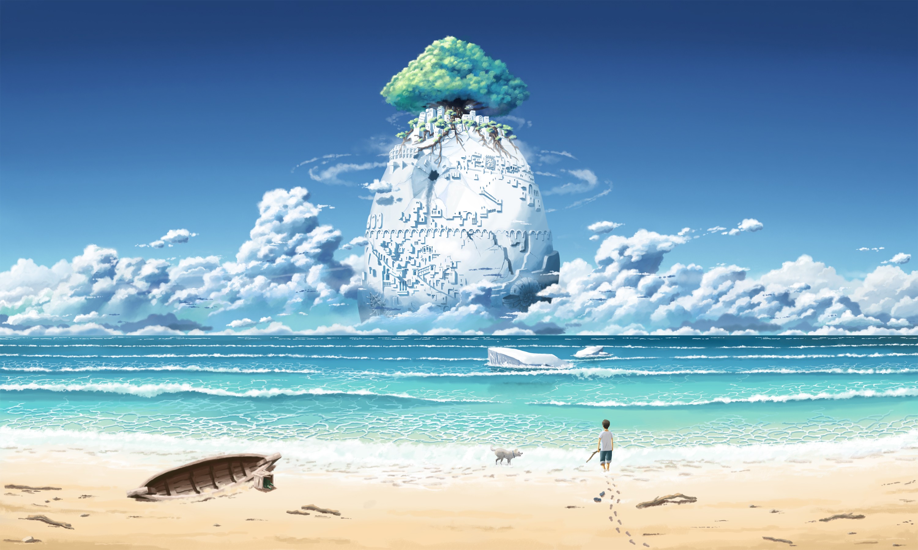 Anime 3000x1800 artwork beach CGI sky sea clouds children outdoors horizon Castle in the Sky inoki-08