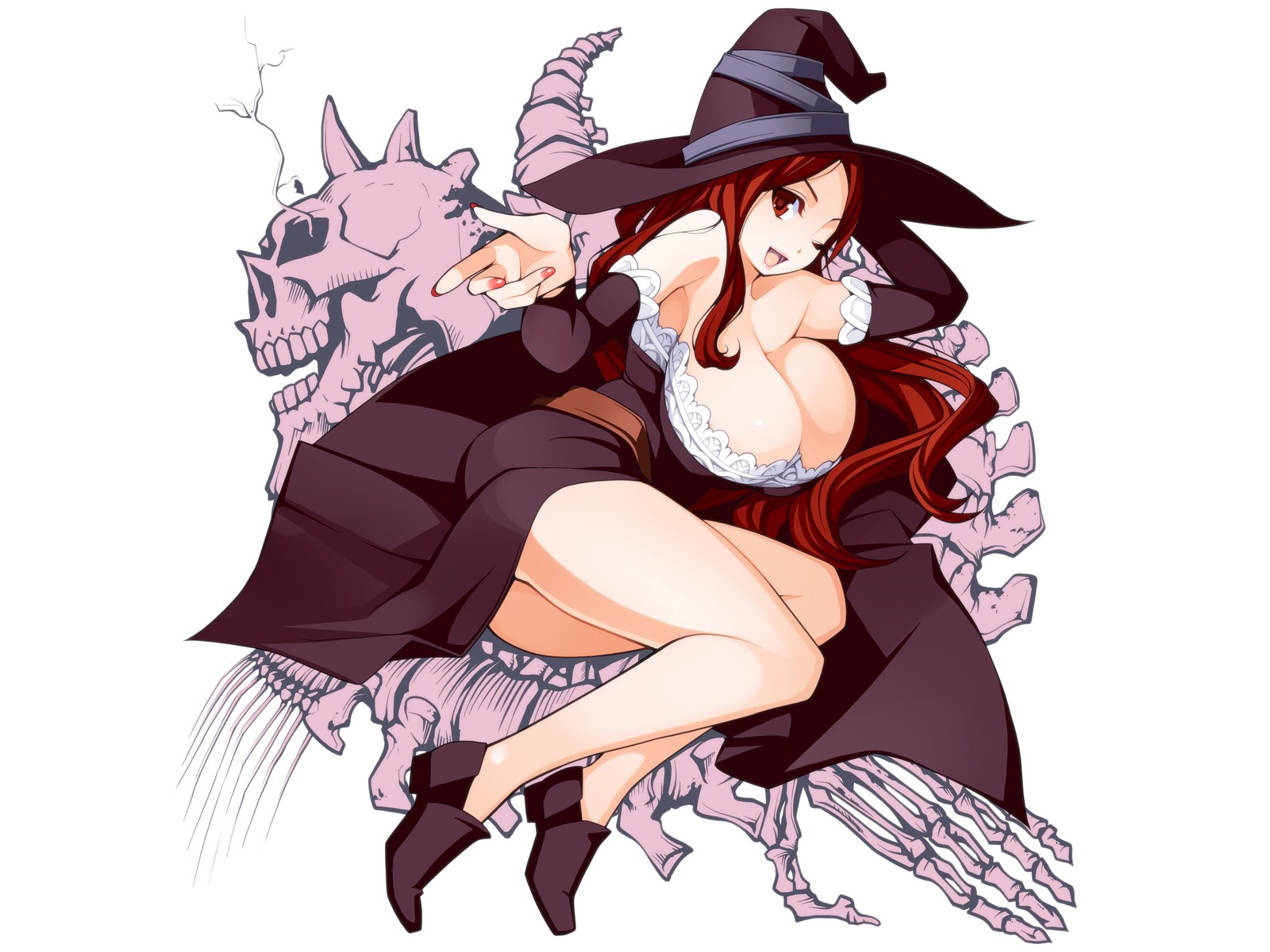 Anime 1600x1200 Dragon's Crown sorcerer anime girls wizard Sorceress (Dragon's Crown) boobs big boobs huge breasts white background legs witch hat fantasy art fantasy girl redhead long hair skull simple background one eye closed red eyes