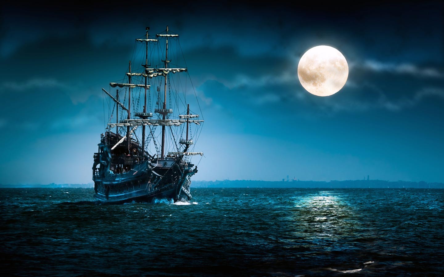 General 1440x900 Moon sea night sailing ship fantasy art vehicle