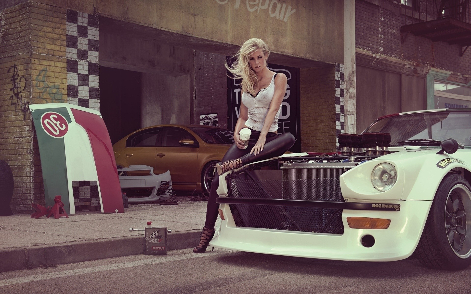 People 1920x1200 car women Leonie Hagmeyer-Reyinger blonde women with cars leather pants  tank top Nissan S30 vehicle Nissan sitting white cars women outdoors outdoors urban