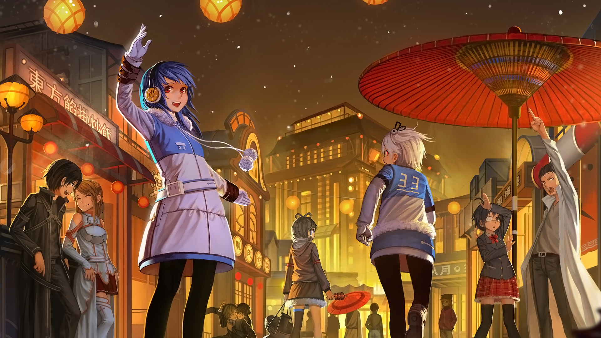 Anime 1920x1080 anime girls anime blue hair city arms up red eyes numbers urban city lights