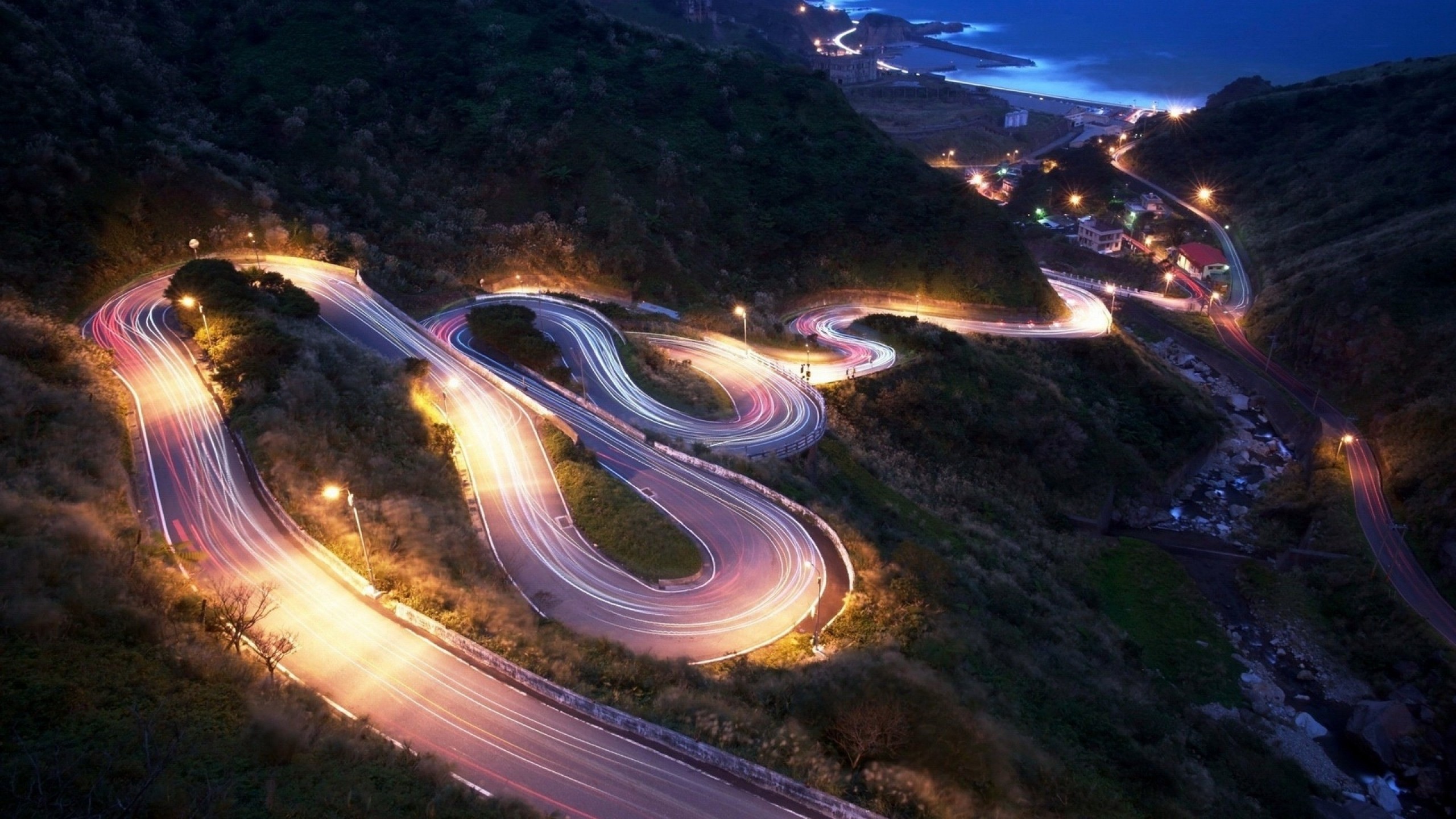 General 2560x1440 road hairpin turns landscape mountains lights long exposure Touge Taiwan
