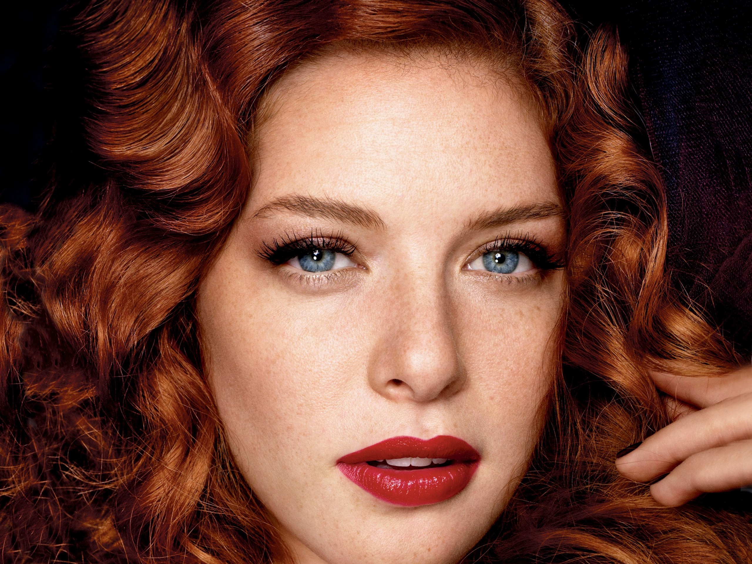 People 2560x1920 women model redhead long hair face portrait blue eyes looking at viewer open mouth Rachelle Lefevre actress wavy hair freckles red lipstick closeup