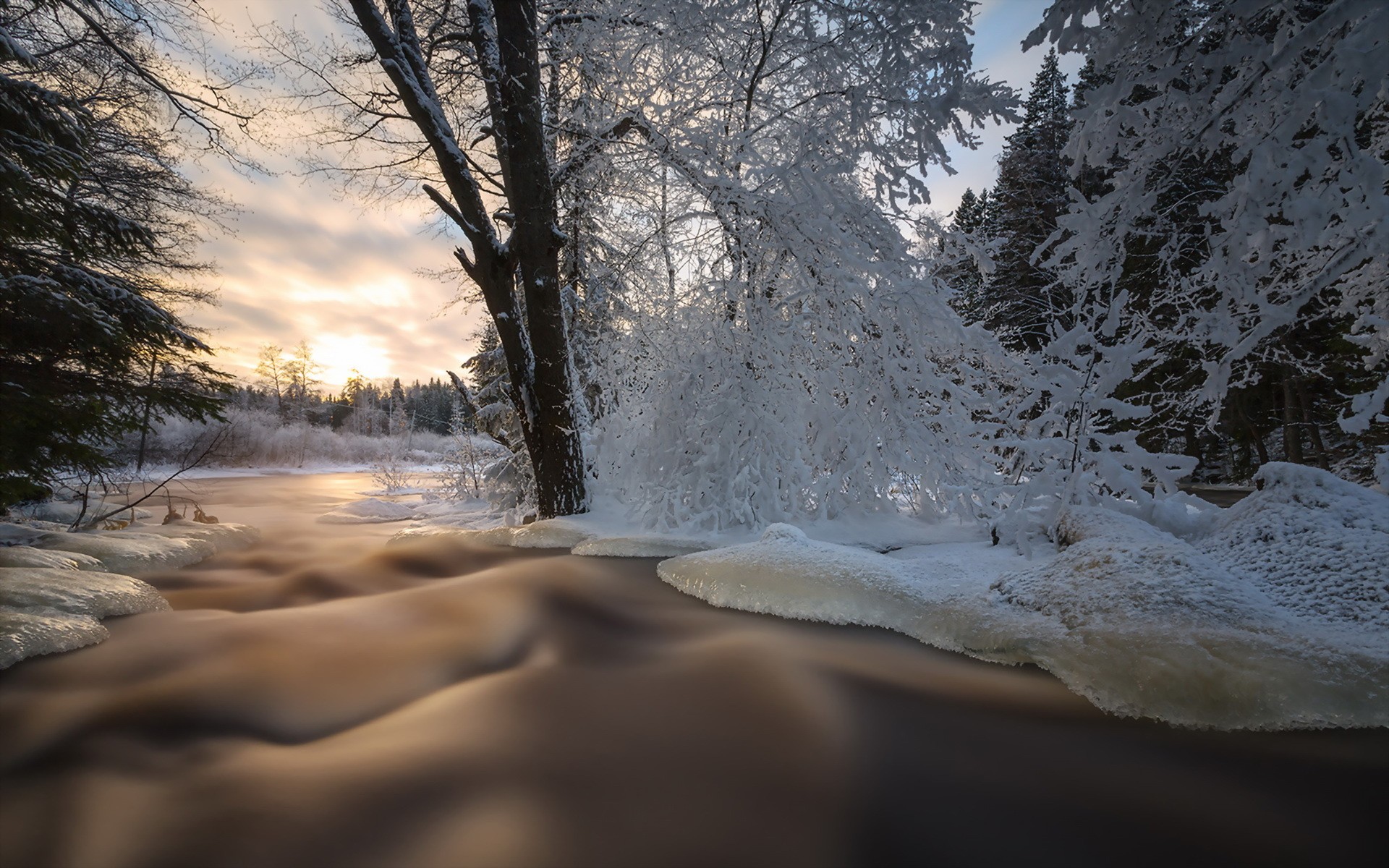 General 1920x1200 nature landscape water long exposure clouds stream winter snow ice trees forest branch sunlight