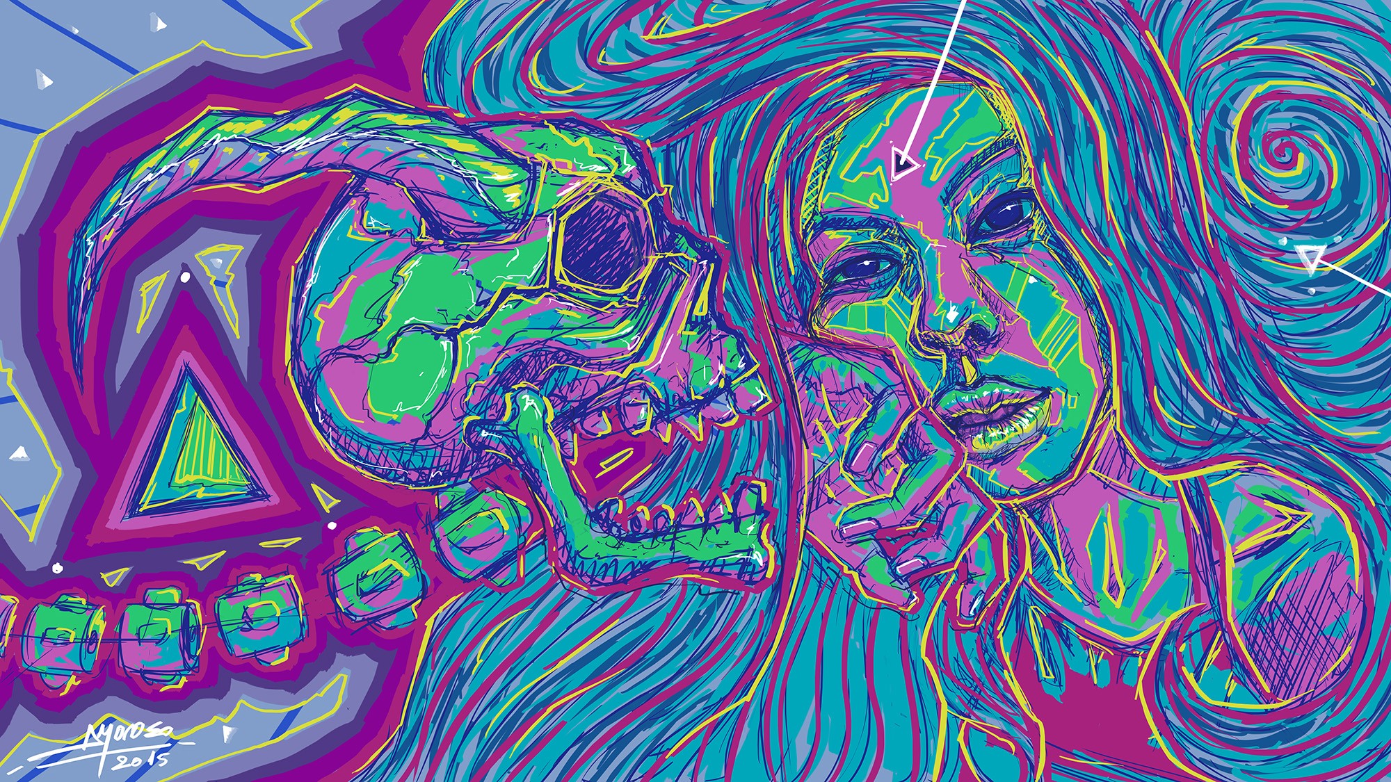 General 2000x1125 psychedelic artwork women skull blue digital art 2015 (Year) watermarked