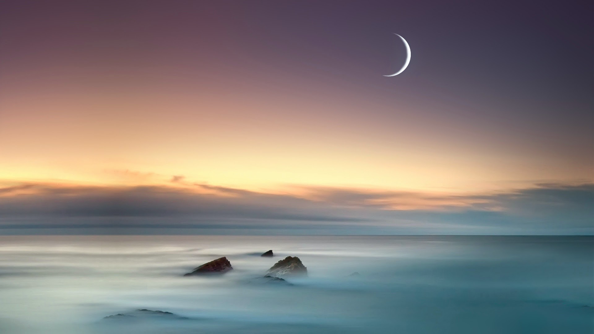 General 1920x1080 sea moonlight Moon crescent moon mist calm clouds horizon rocks yellow calm waters nature