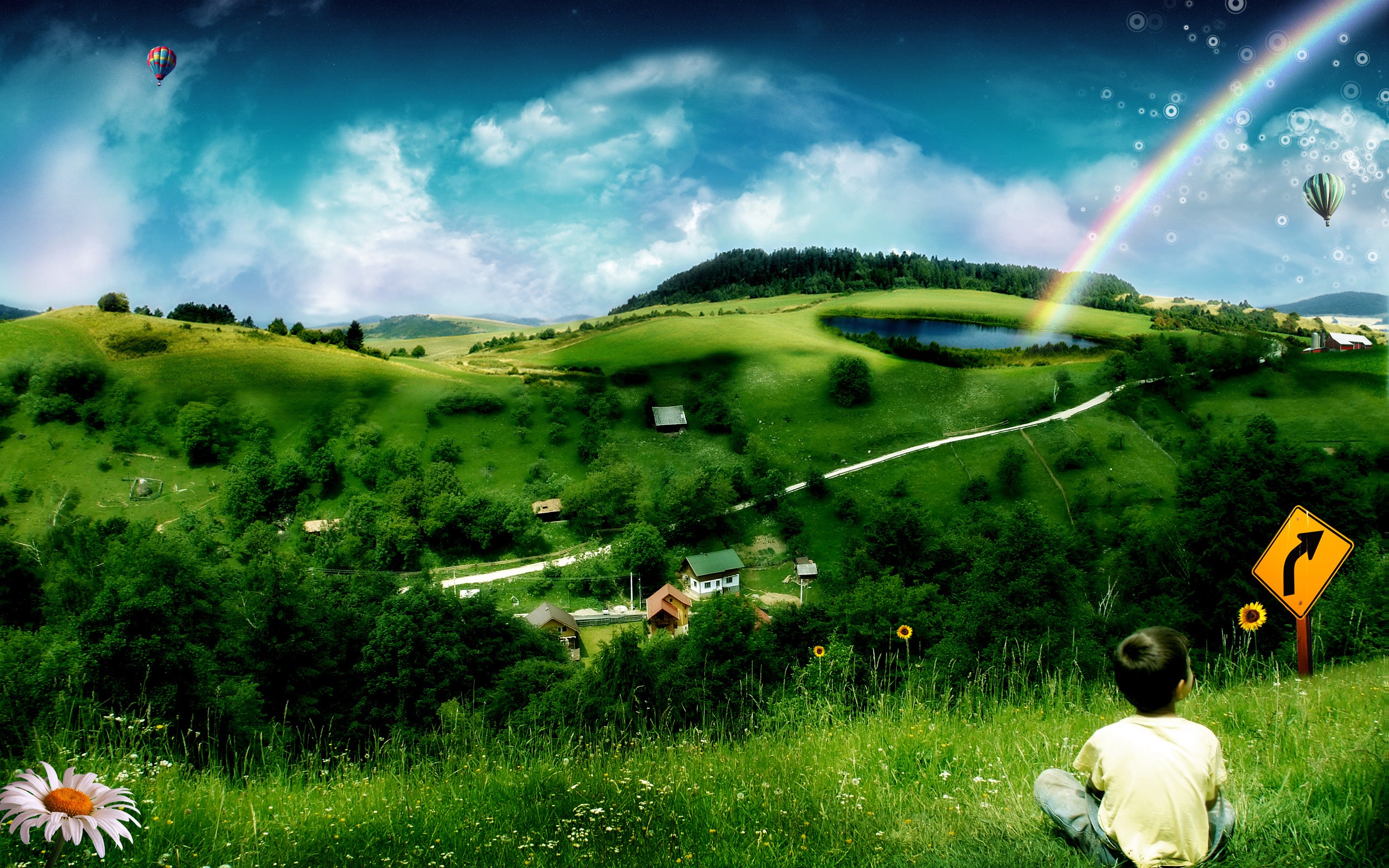 General 2560x1600 digital art fantasy art rainbows hot air balloons sign children flowers landscape sitting outdoors sky