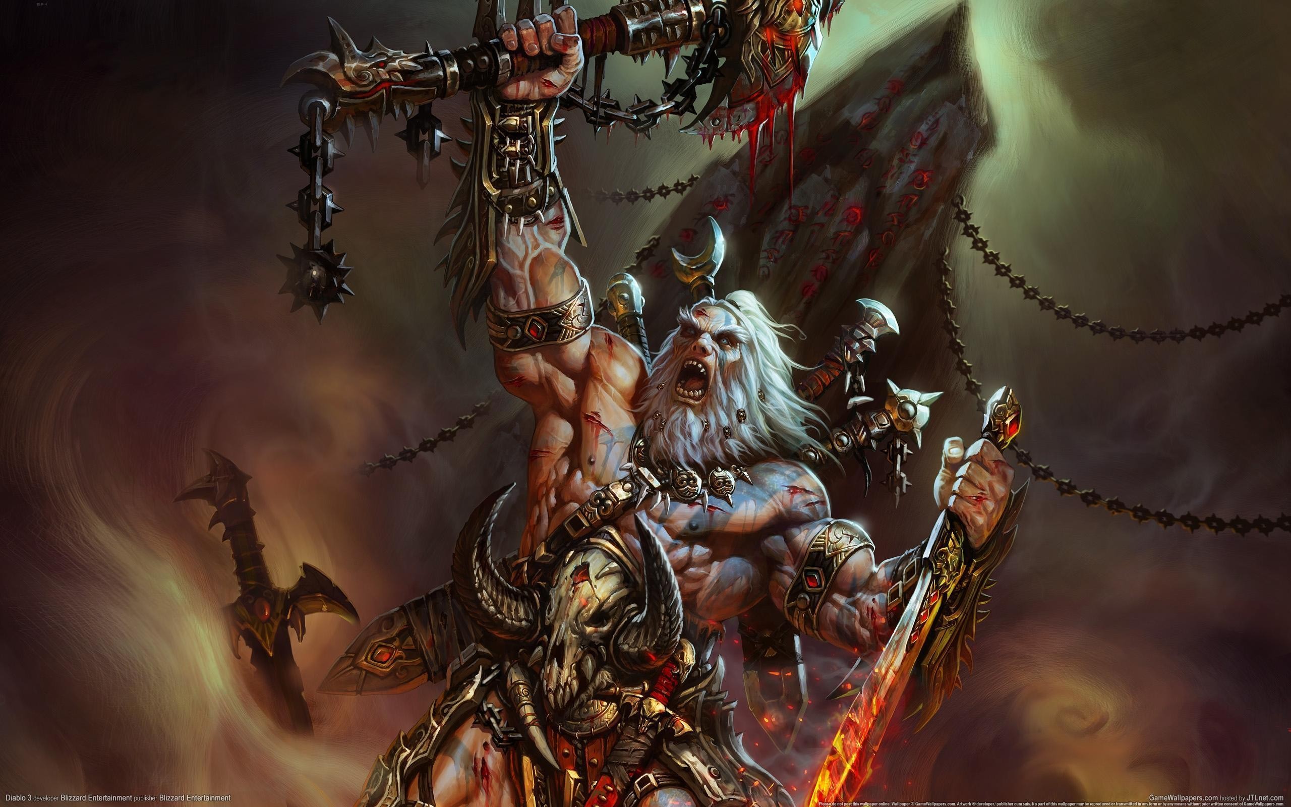 General 2560x1600 Diablo III video games fantasy art digital art barbarian muscles weapon blood open mouth PC gaming video game art Blizzard Entertainment