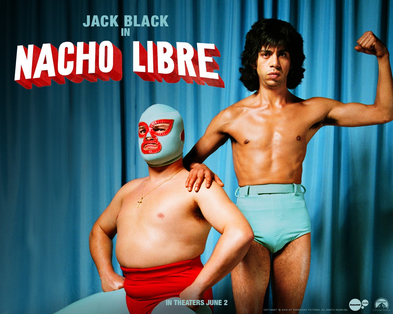People 1280x1024 Lucha Libre Jack Black humor men flexing movies face mask cyan blue movie poster
