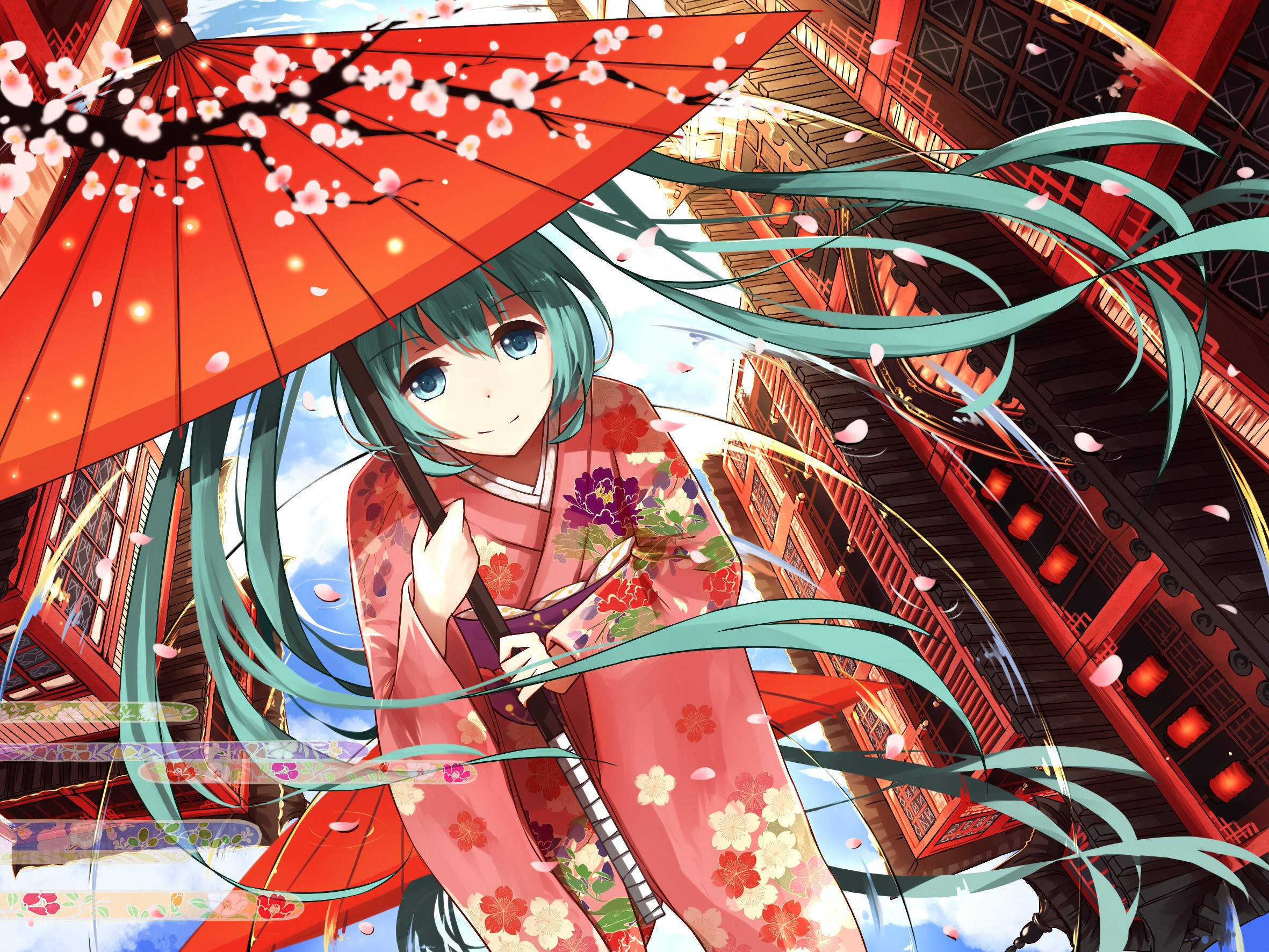 Anime 2362x1772 Vocaloid Hatsune Miku umbrella traditional clothing kimono flowers petals anime girls anime cherry blossom women with umbrella cyan hair aqua eyes long hair