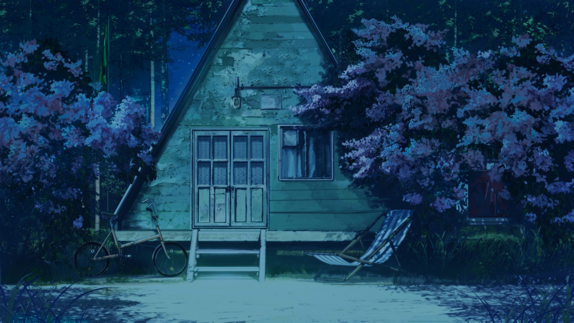 Anime 1920x1080 bicycle triangle hammocks starry night trees Everlasting Summer (visual novel) ArseniXC frontal view night chair house plants anime