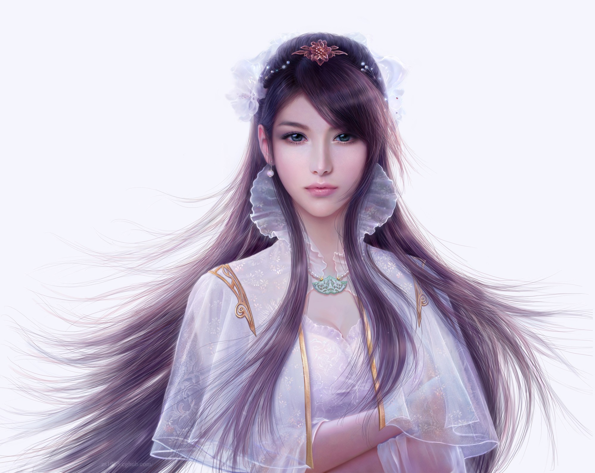 General 2000x1588 artwork women fantasy girl fantasy art long hair Asian dark eyes simple background white background looking at viewer face brunette