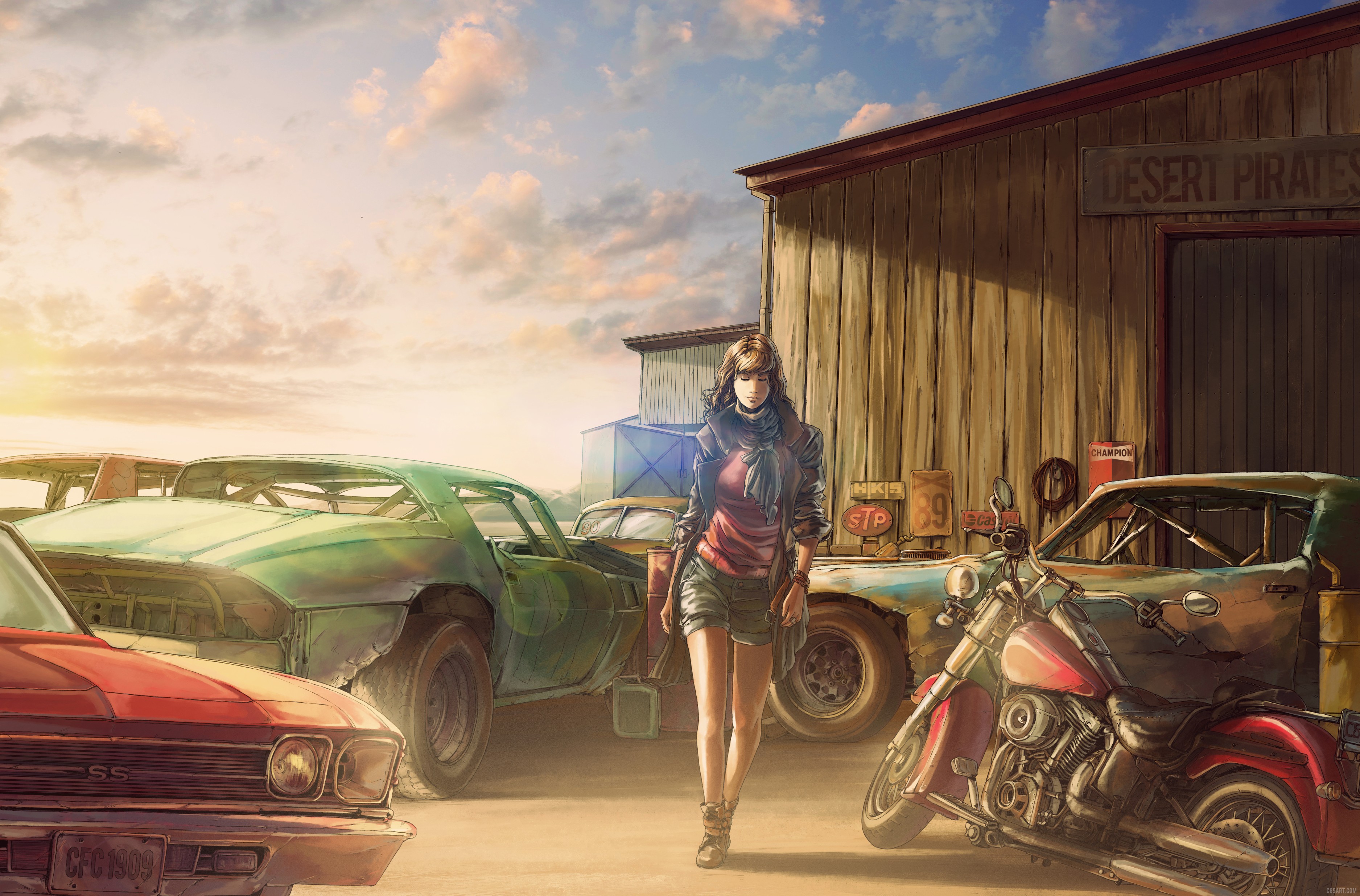General 3750x2471 artwork women car women with cars women with motorcycles motorcycle DeviantArt women outdoors outdoors standing red cars green cars