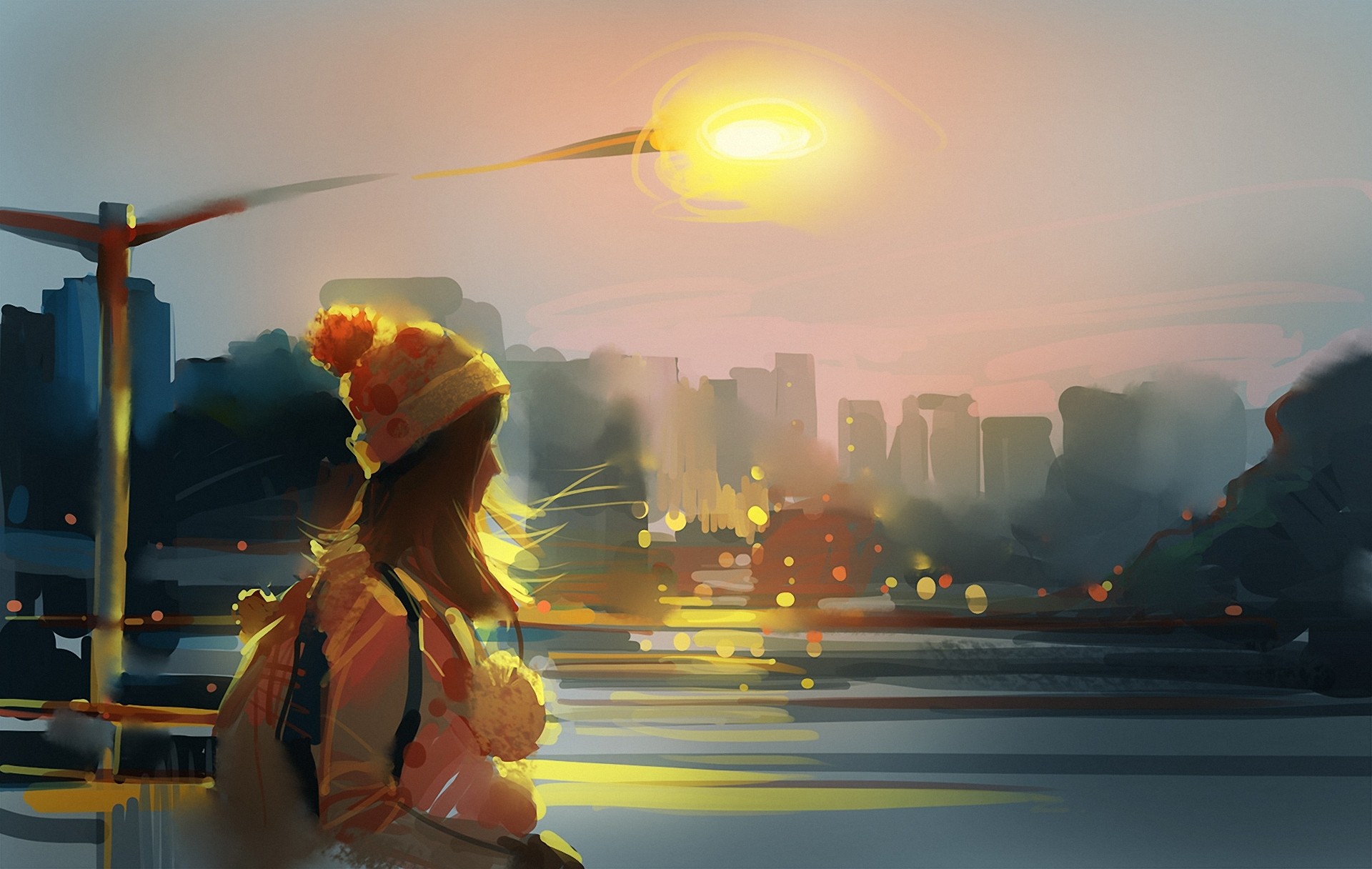 General 1920x1216 artwork bokeh street light digital art looking away long hair sky Sun hat women backpacks sunlight orange sky