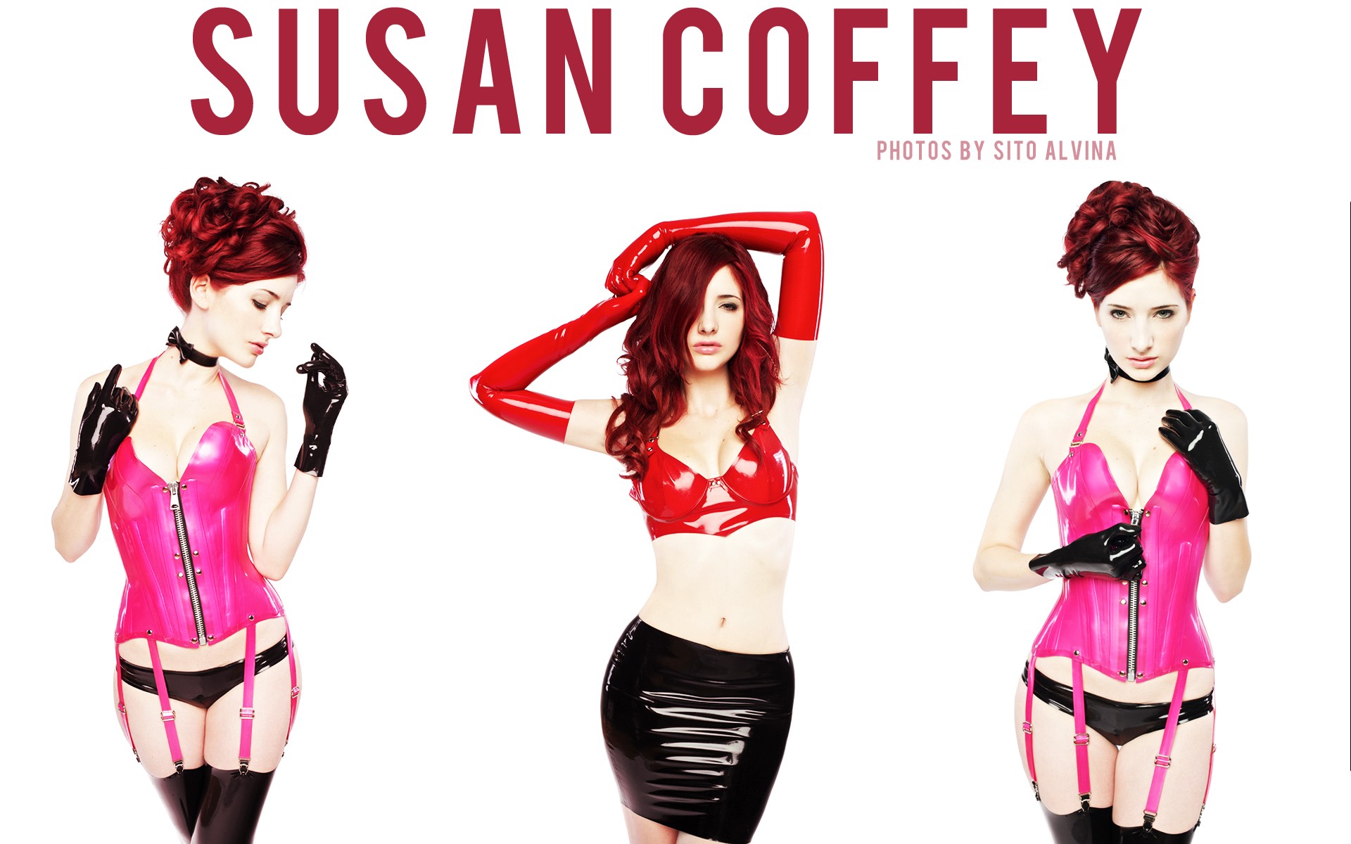 People 1920x1200 latex Susan Coffey women model redhead collage bra lingerie dyed hair typography simple background white background looking at viewer