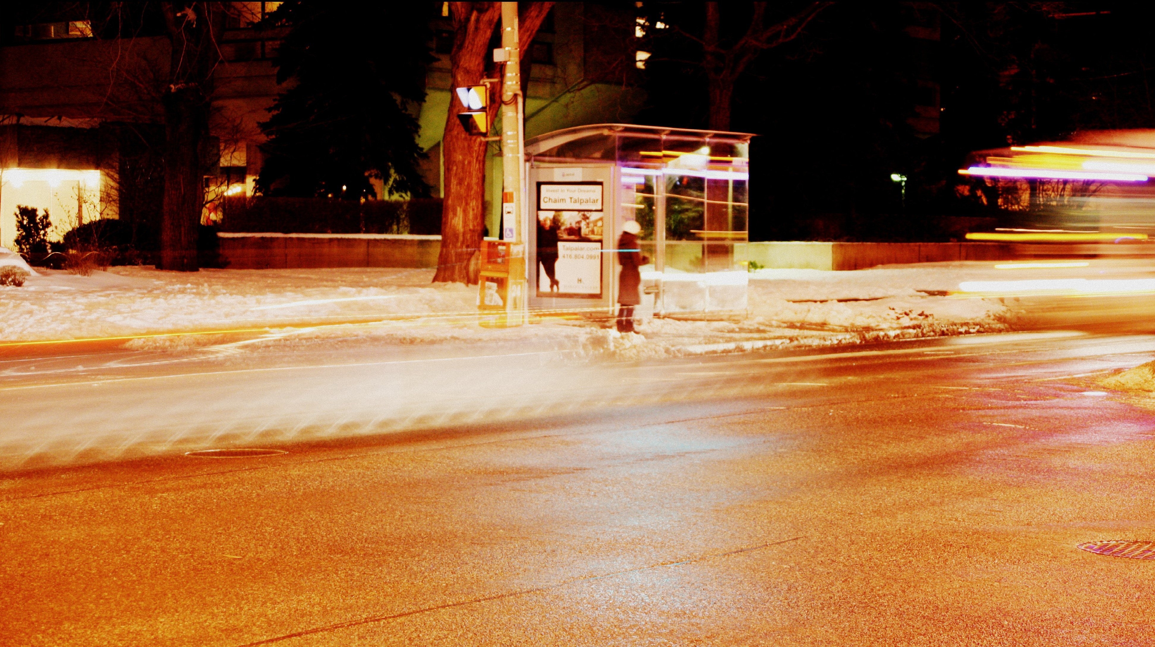 General 3887x2177 urban street city photography night bus stop orange