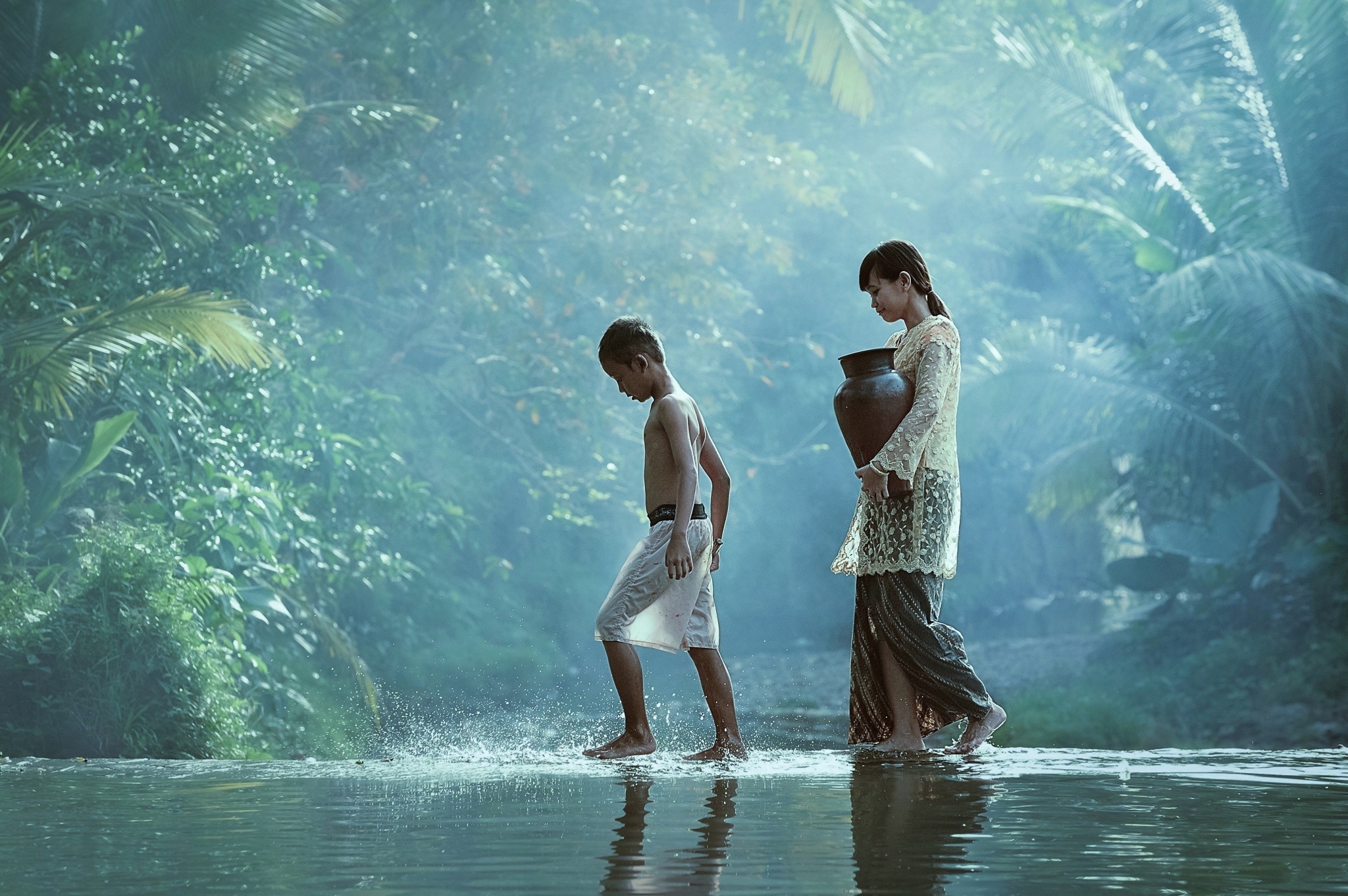 General 2048x1362 people Asian jungle pond peasants children outdoors