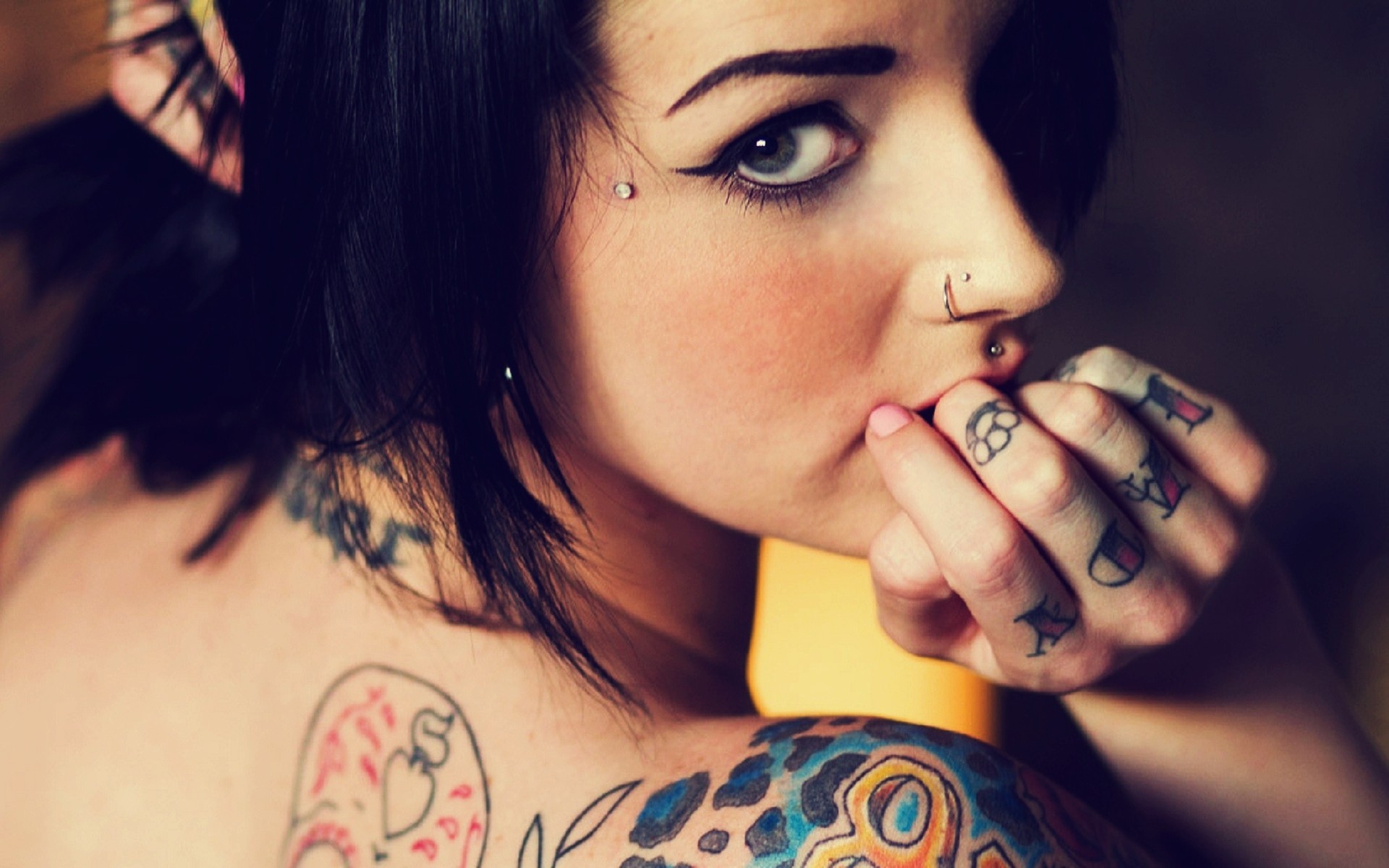People 1920x1200 tattoo Suicide Girls women pierced nose nose ring black hair pierced cheeks profile looking back pornstar face closeup inked girls women indoors indoors looking at viewer piercing