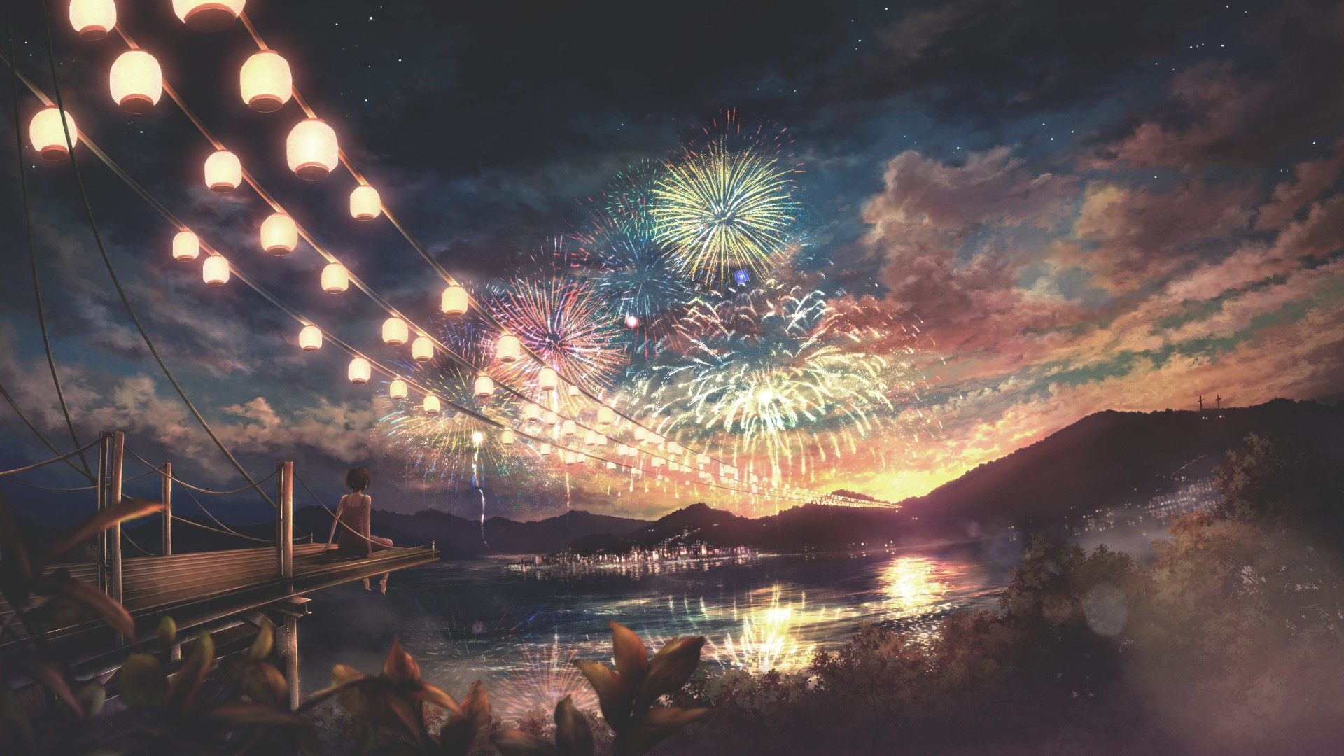 General 1920x1080 fireworks anime anime girls night sky lantern alone sitting sky women outdoors