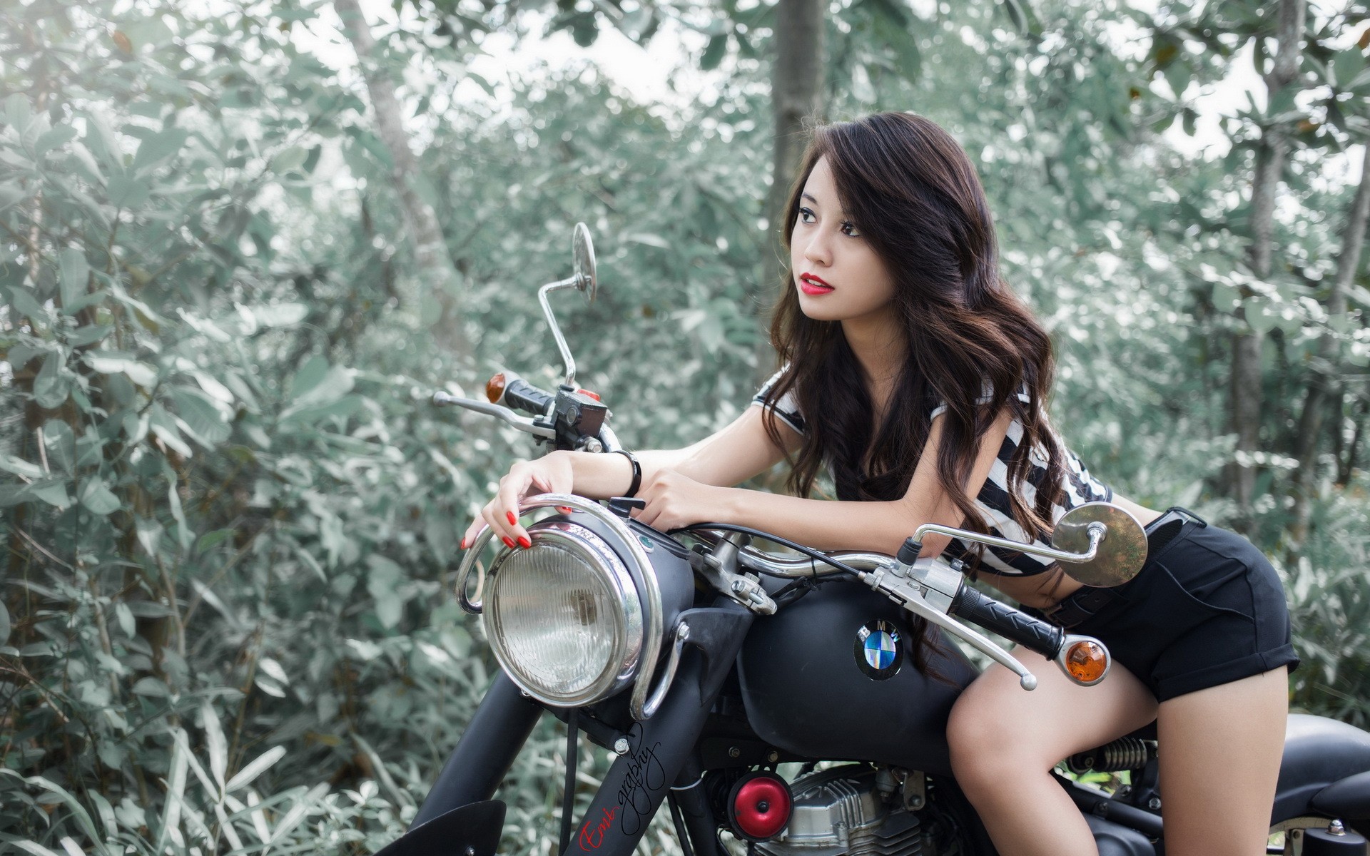 People 1920x1200 women hair   brunette Asian model nature trees forest BMW shorts short shorts black motorcycles motorcycle women with motorcycles makeup red nails painted nails long hair women outdoors