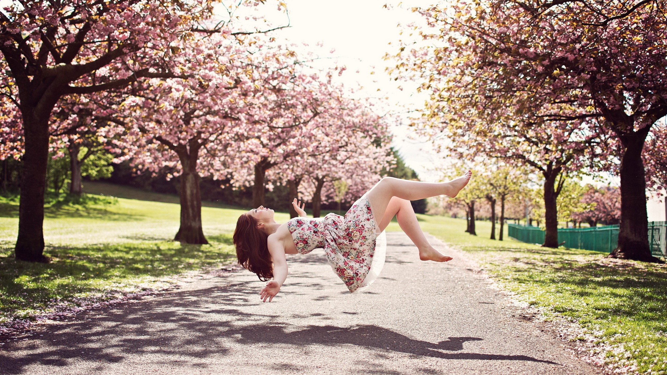 People 2560x1440 women model brunette long hair flying floating women outdoors trees road dress shadow magic grass park closed eyes barefoot bare shoulders open mouth blossoms Asian cherry blossom photography photoshopped
