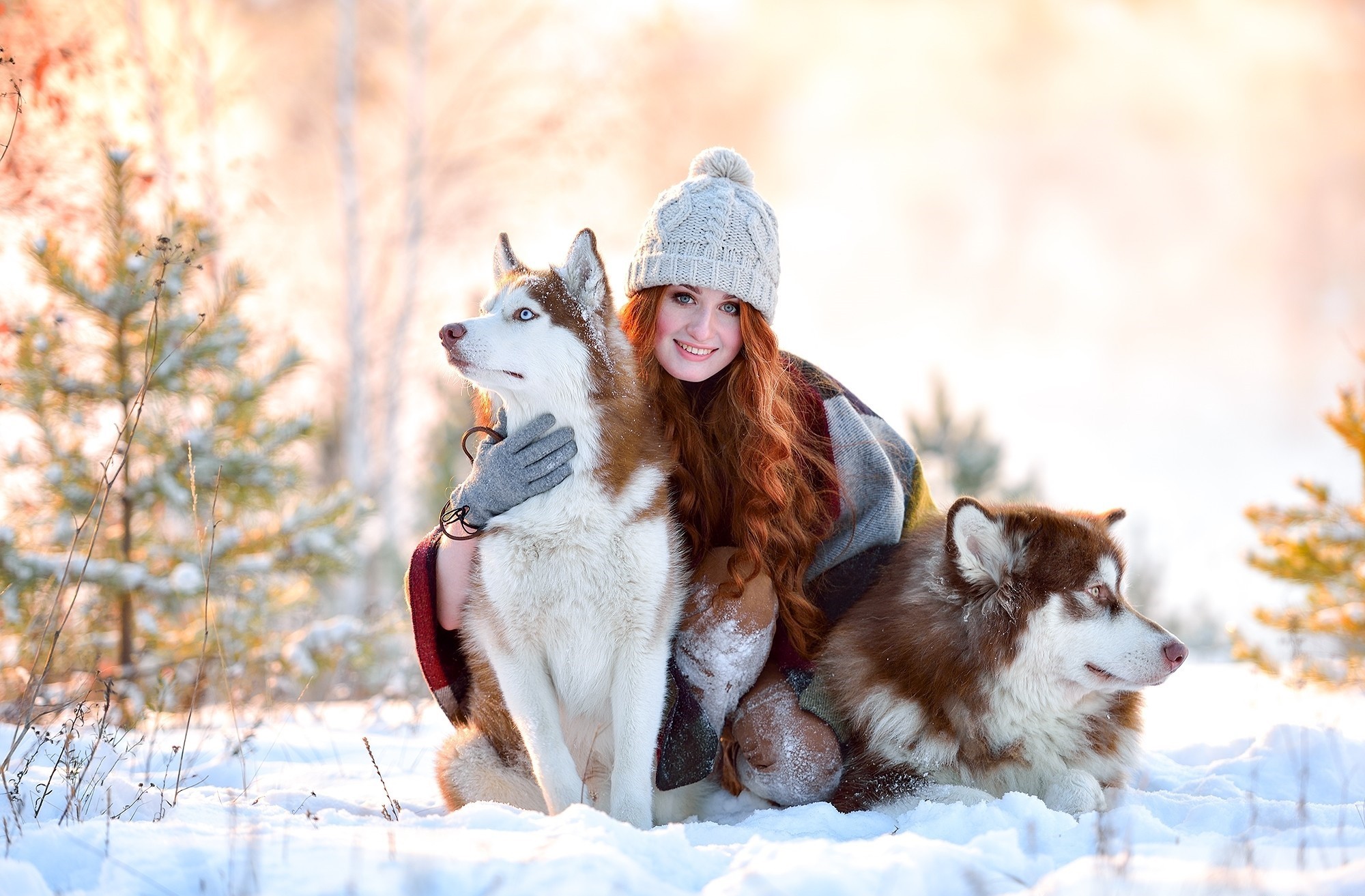 People 2000x1313 winter dog model animals women wool cap women with dogs snow redhead white cap mammals woolly hat women outdoors outdoors long hair cold