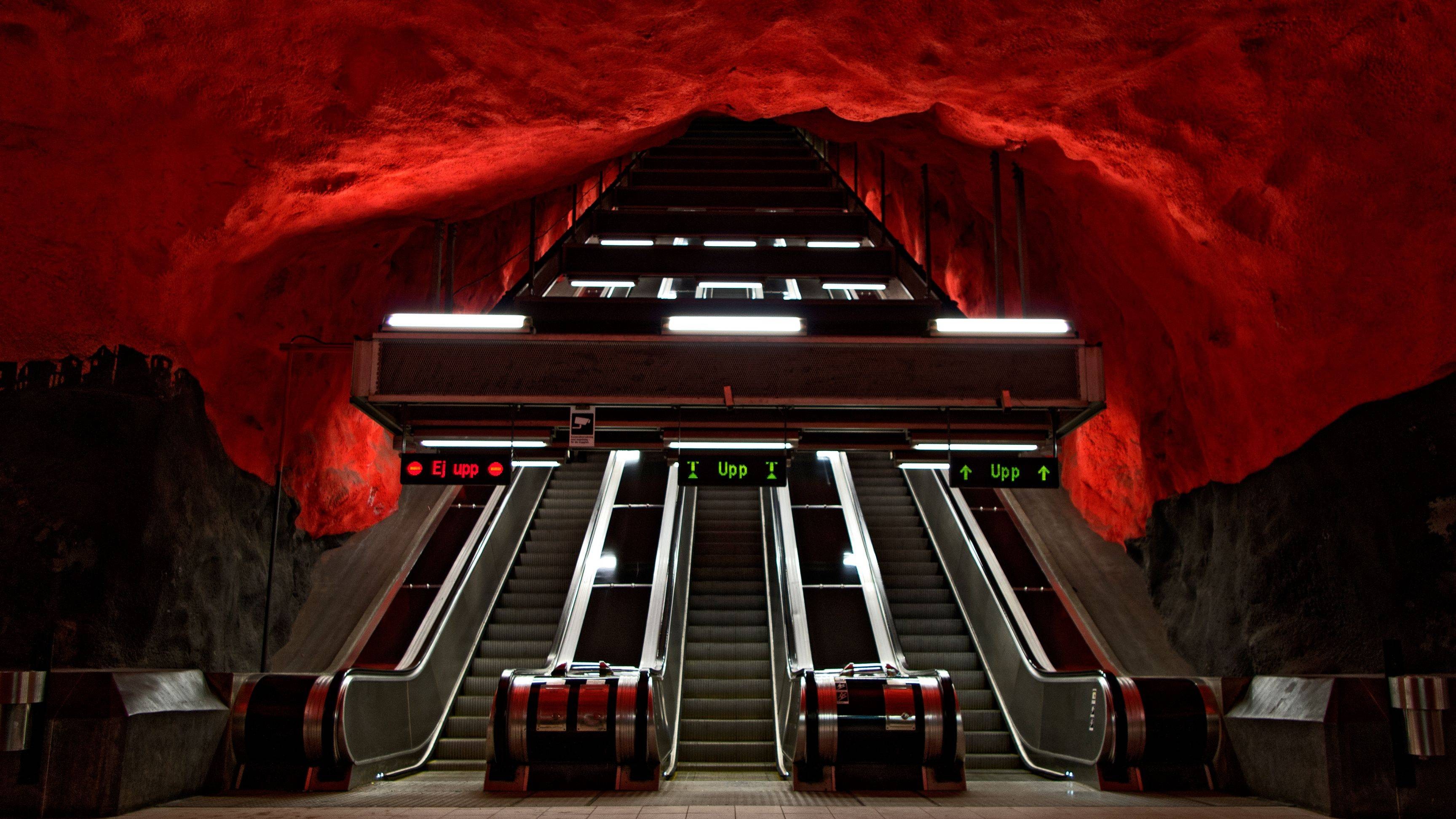 General 3456x1944 escalator Stockholm Sweden subway tunnel underground cave train station Stockholm metro red Solna Centrum