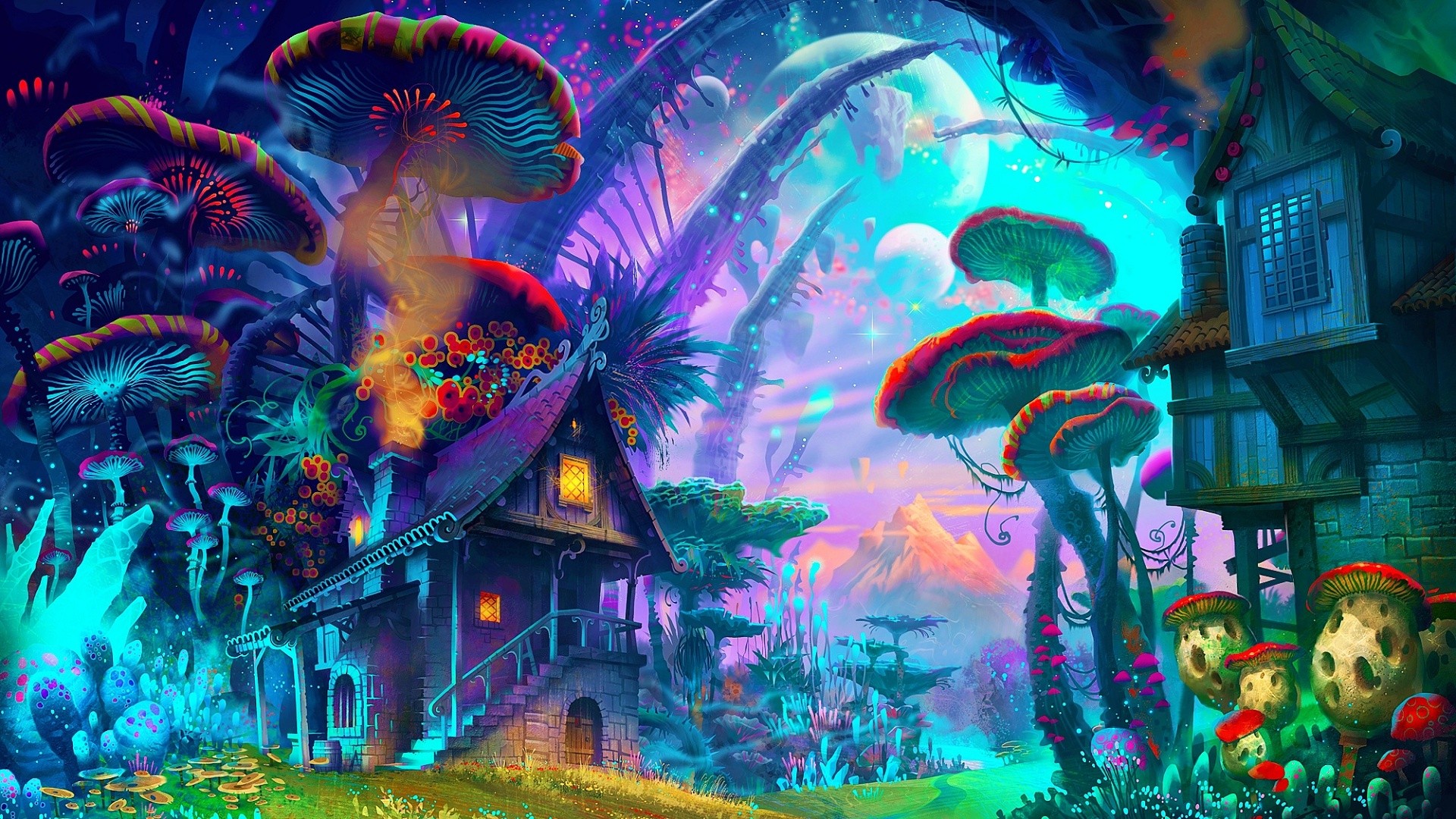 General 1920x1080 fantasy art drawing nature psychedelic colorful house mushroom planet plants mountains cyan purple