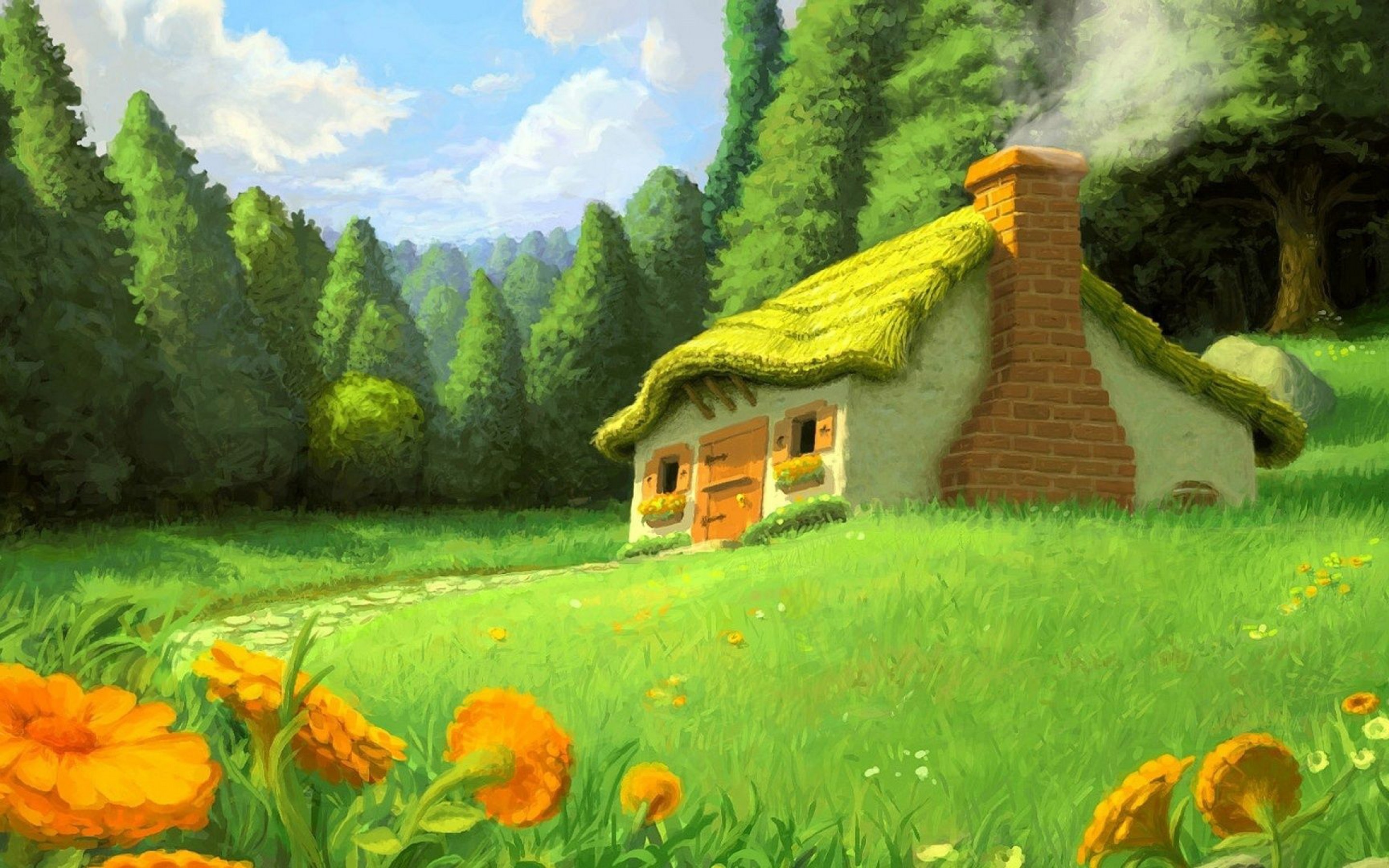 General 2880x1800 artwork nature house cottage forest flowers digital art grass trees plants smoke sky clouds
