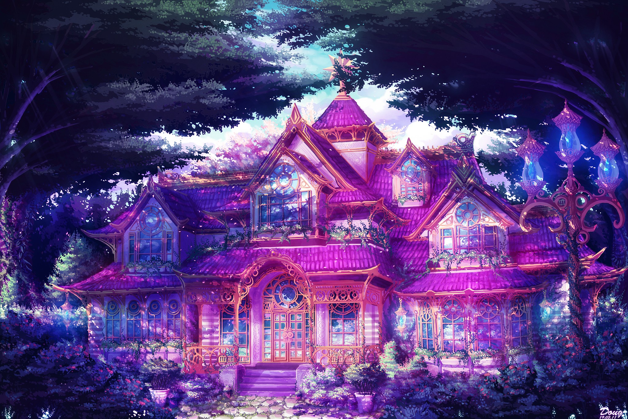 Anime 2048x1368 anime mansions house colorful glass luxury