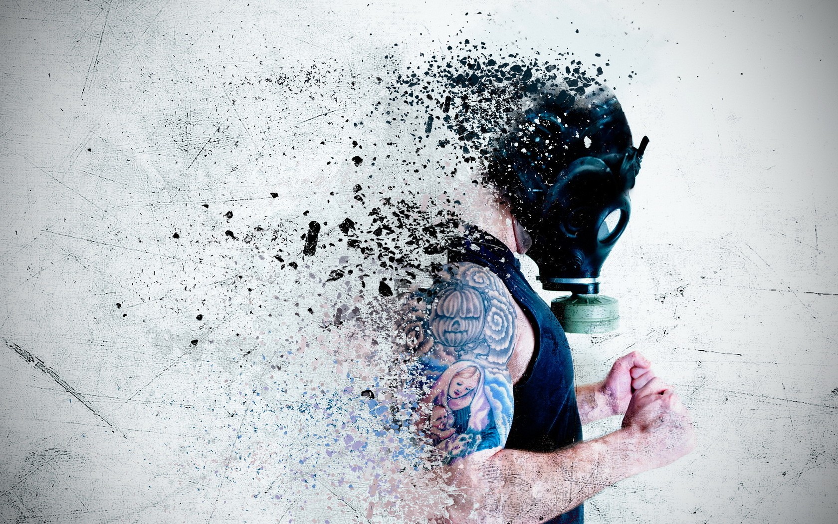 People 1680x1050 gas masks tattoo men digital art inked men fist