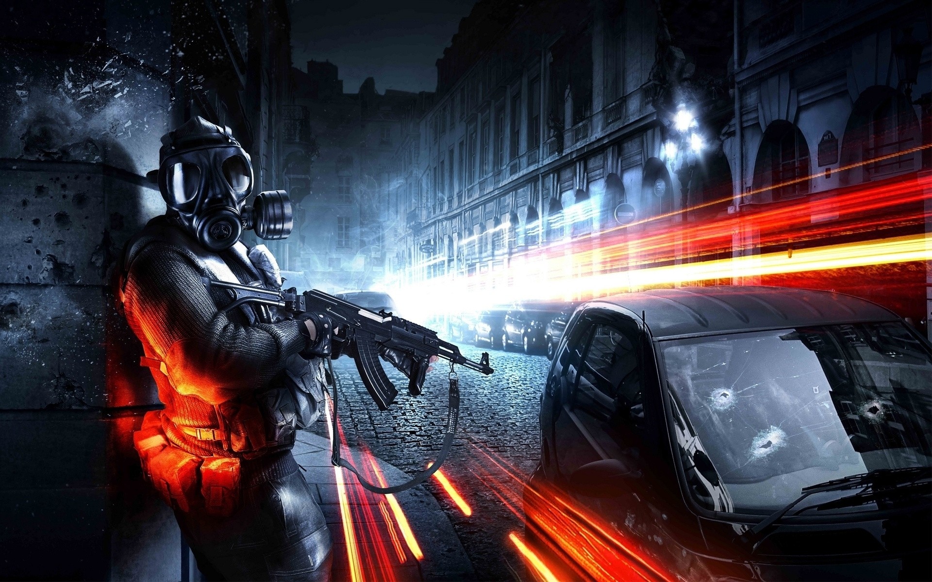 General 1920x1200 Battlefield 3 video games PC gaming machine gun car gas masks vehicle bullet holes weapon