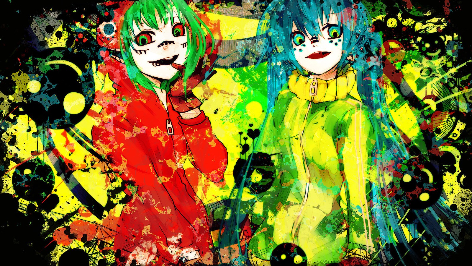 Anime 1600x900 anime girls anime colorful two women women looking at viewer green hair cyan hair standing