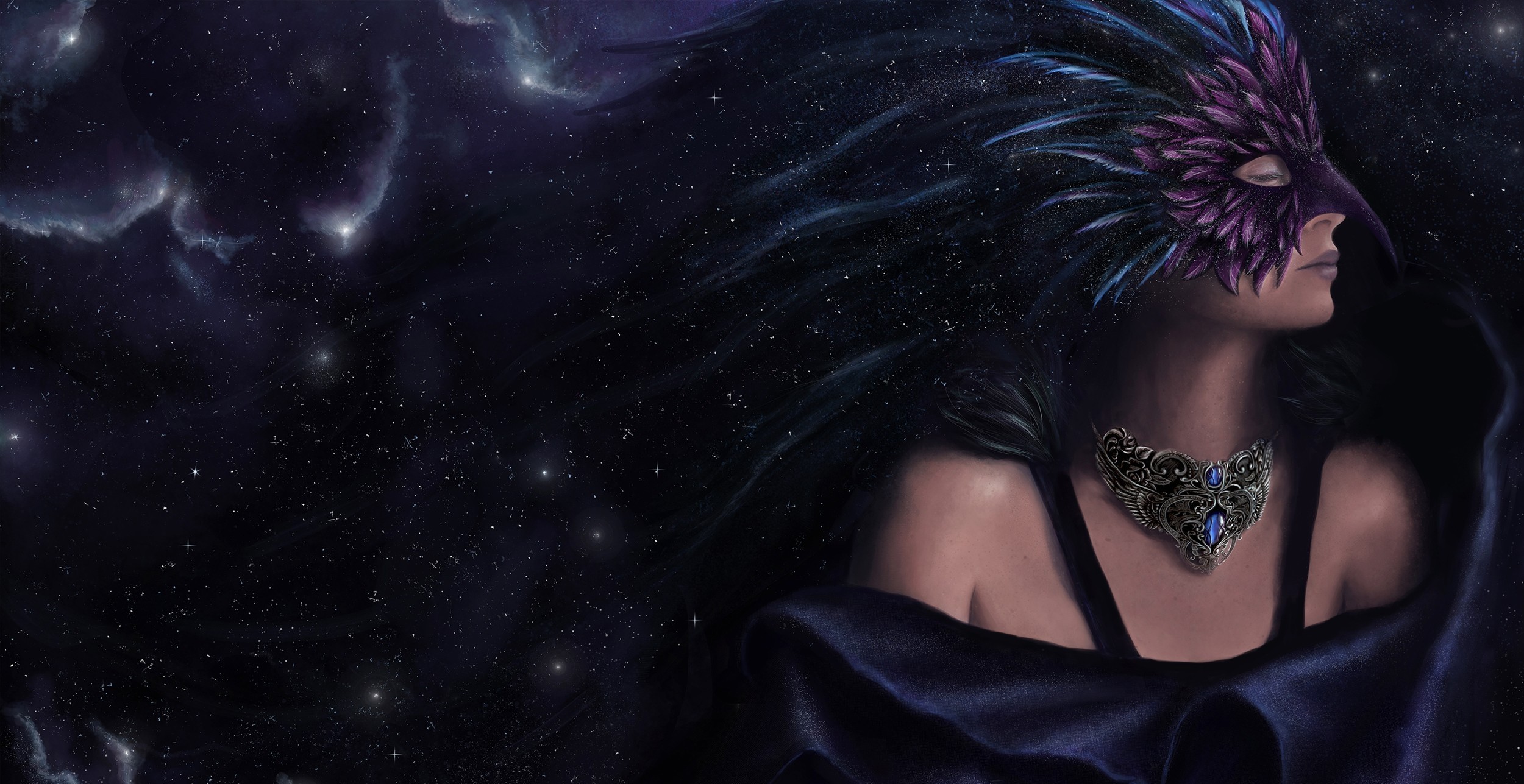 General 2500x1287 mask fantasy girl fantasy art women necklace stars sky closed eyes