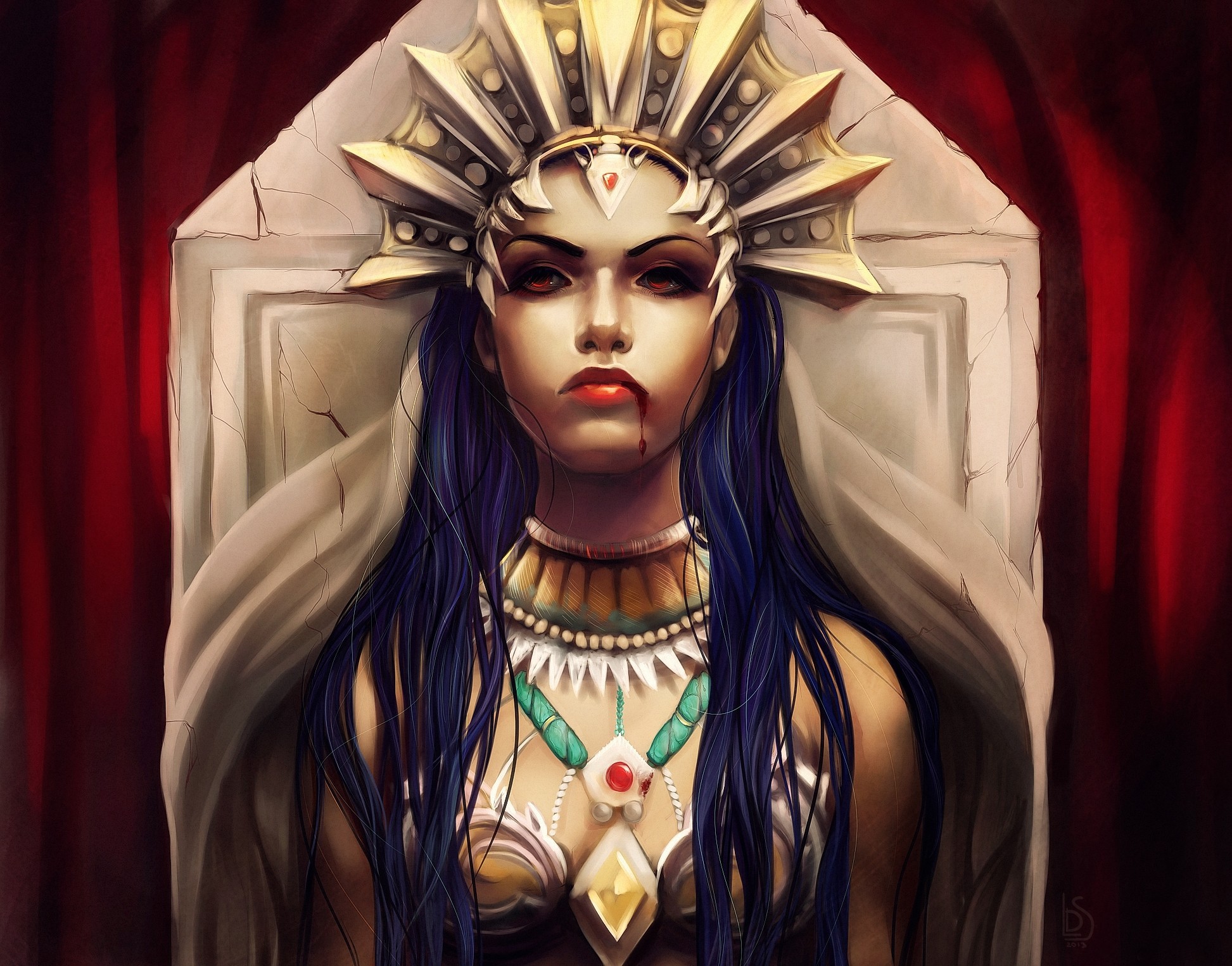 General 1945x1525 throne fantasy art women fantasy girl Queen of the damned vampires blood purple hair red eyes long hair digital art