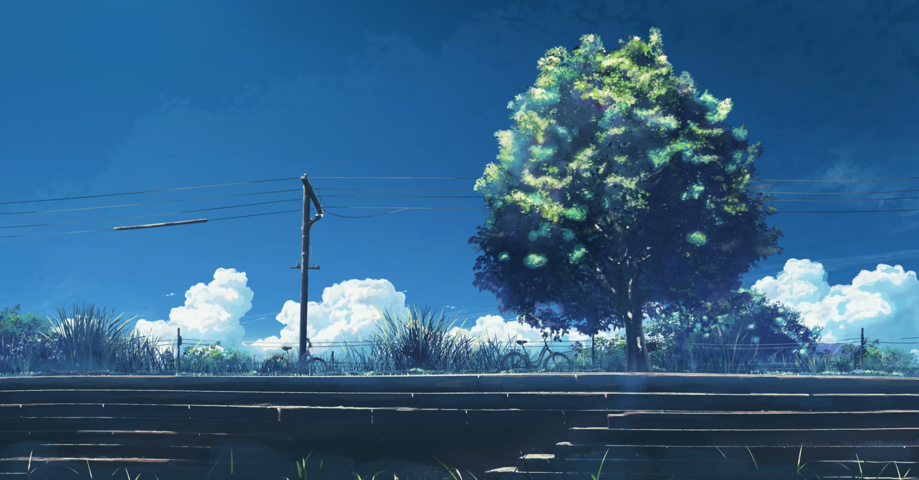 Anime 3000x1569 5 Centimeters Per Second anime power lines trees utility pole Makoto Shinkai 