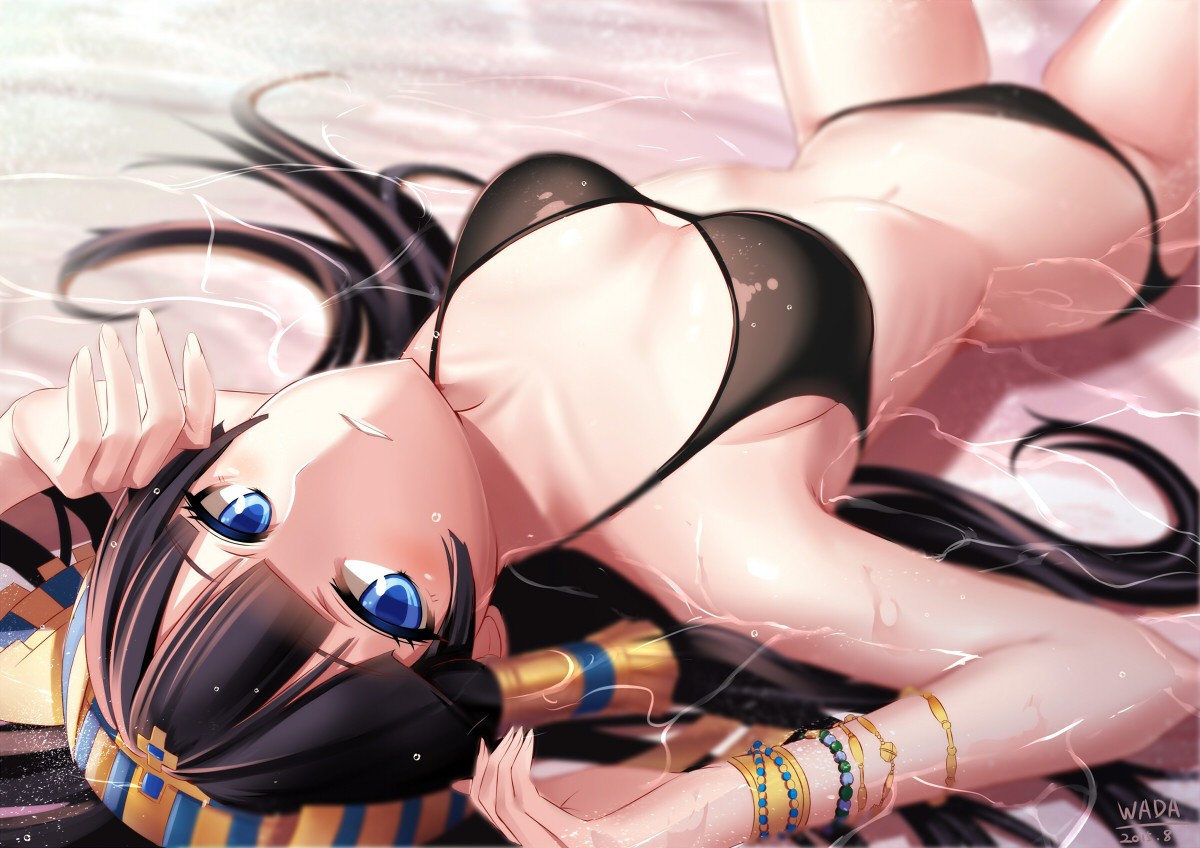 Anime 1200x848 anime girls boobs bikini Puzzle & Dragons black hair blue eyes water lying on back Kouichi belly fantasy art fantasy girl