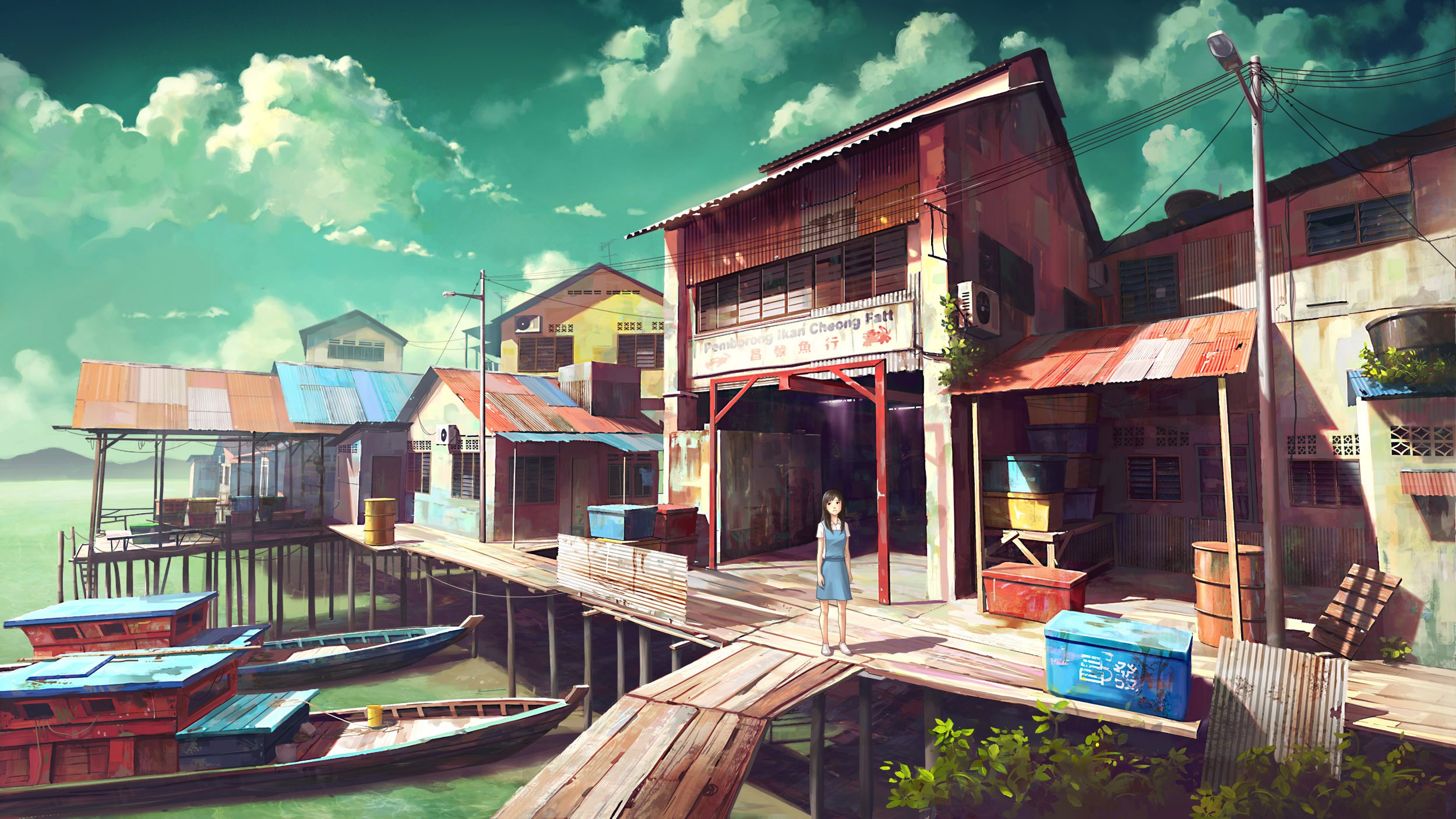 Anime 2499x1406 anime original characters DeviantArt anime girls boat clouds women outdoors vehicle
