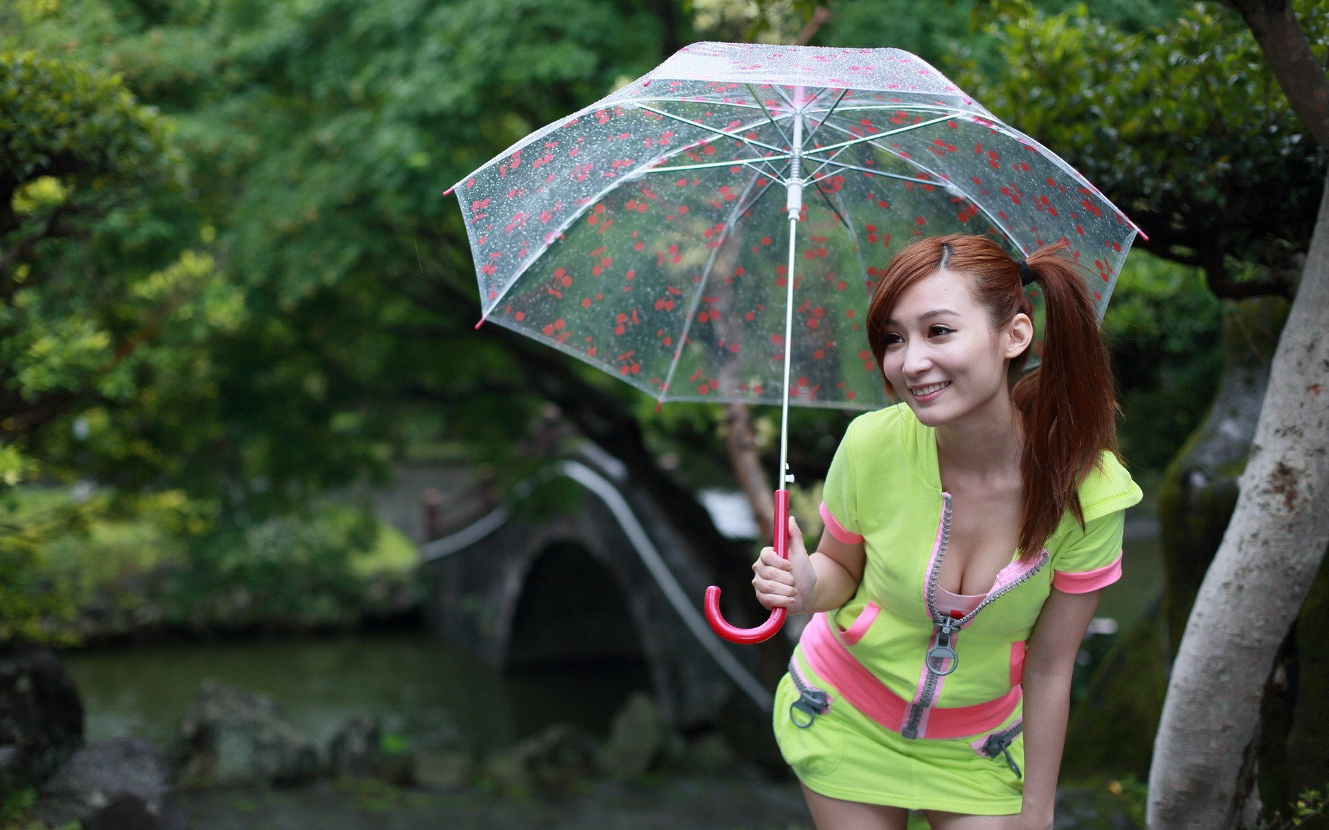 People 1920x1200 women Asian umbrella cleavage women with umbrella women outdoors model smiling redhead dyed hair looking away