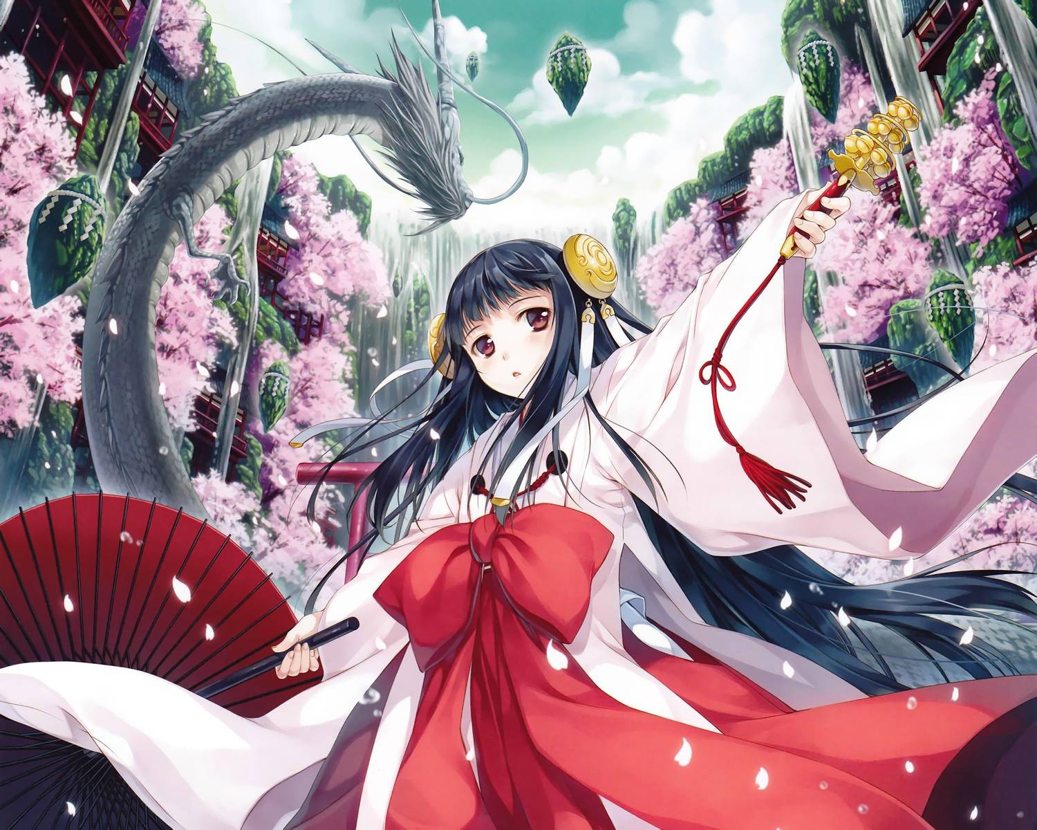 Anime 1500x1200 anime girls cherry blossom dragon miko original characters Japanese clothes anime umbrella women with umbrella creature black hair long hair fantasy art fantasy girl