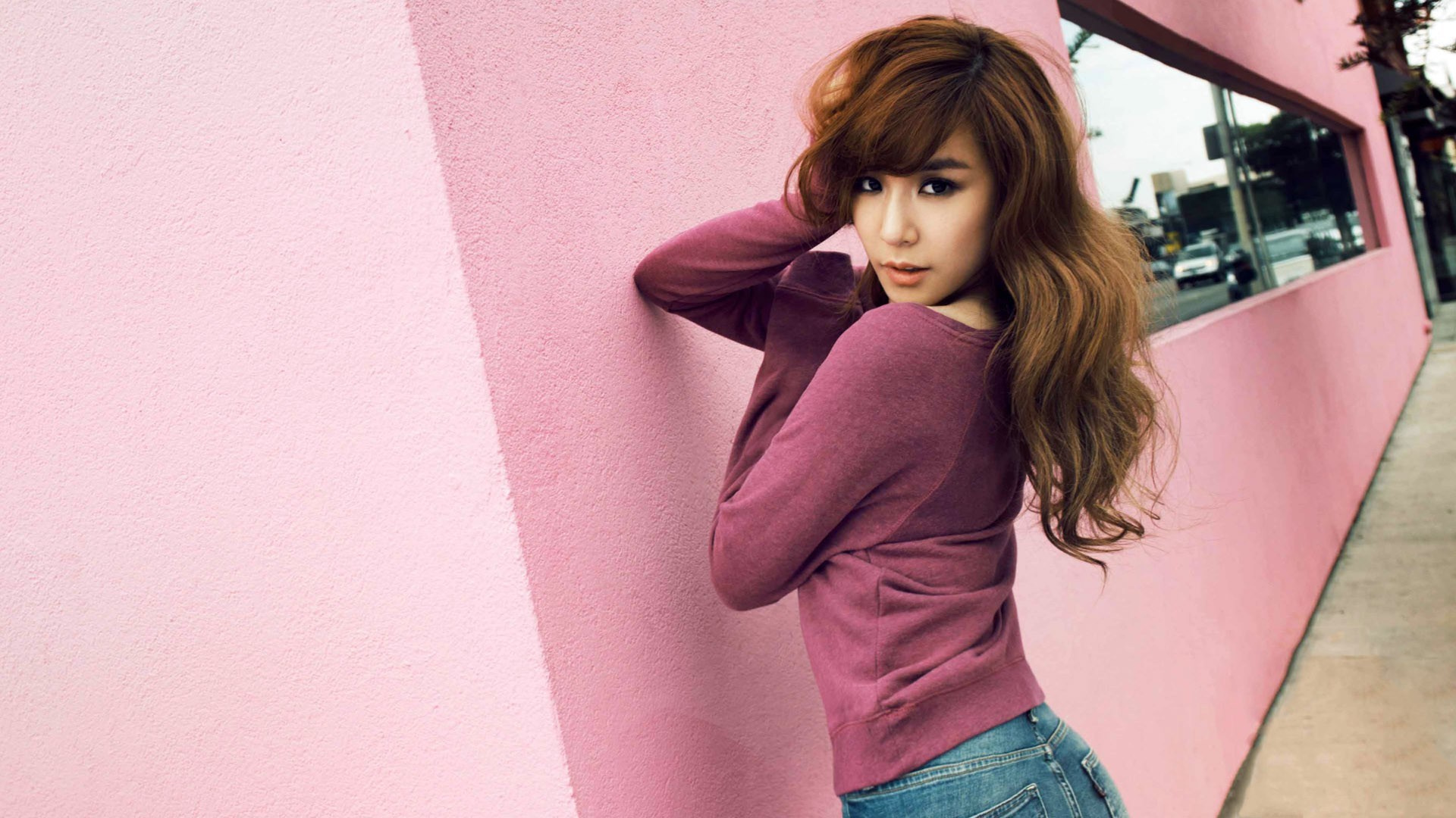 People 1920x1080 SNSD Girls' Generation Asian model musician singer Korean women outdoors urban sweatshirts looking at viewer pink wall dark eyes women
