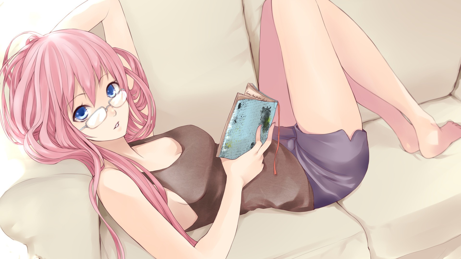 Anime 1920x1080 anime girls anime Megurine Luka Vocaloid glasses meganekko blue eyes pink hair long hair barefoot looking at viewer books women with glasses knees together